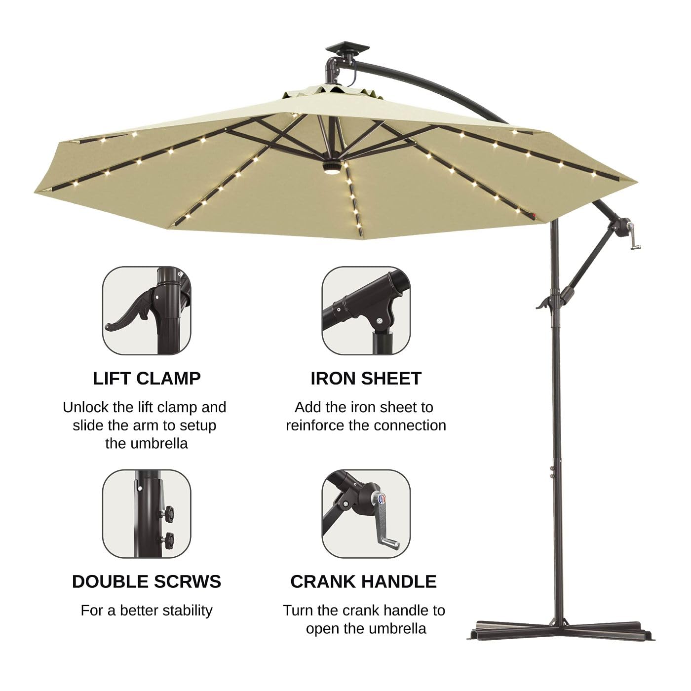 East Oak 10ft Offset Hanging Cantilever Patio Umbrella with 40 Solar Lights - 8 Ribs, Waterproof, UV 30+ Protection, Fade Resistant - Perfect for Poolside, Backyard, Deck, and Outdoor Dining Areas (Beige)