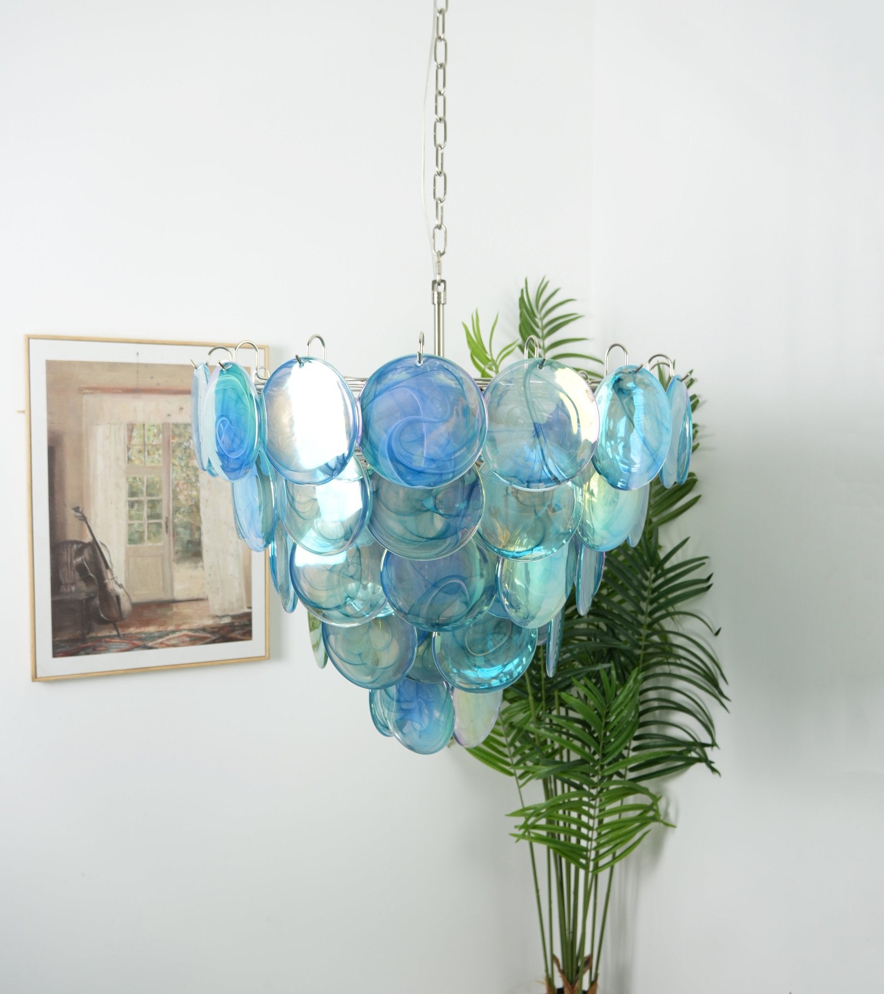 Elegant Blue Murano Glass Disc Chandelier - Handcrafted Italian Lighting Fixture for Dining Room, Bedroom or Entryway Decor