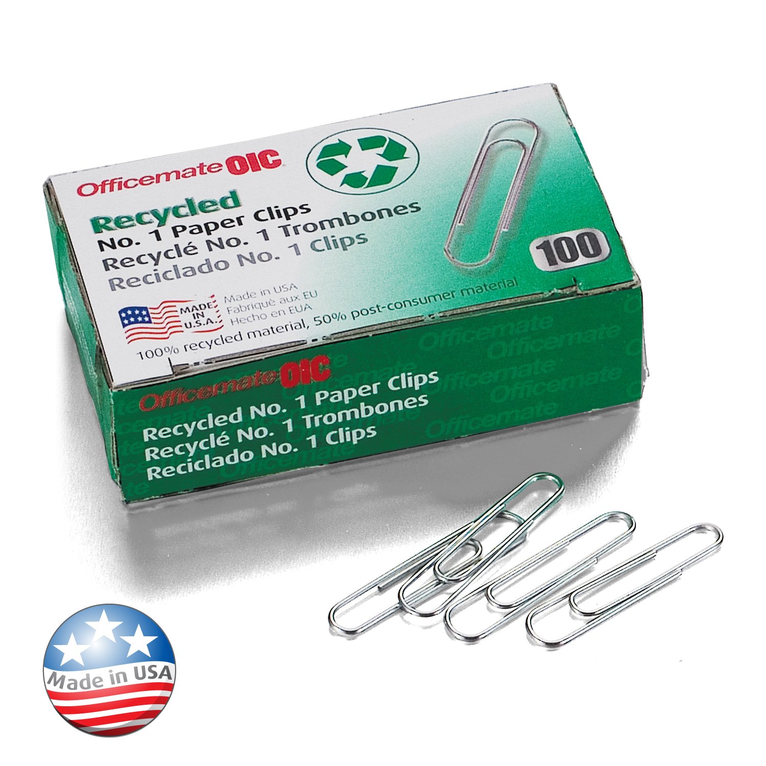 Officemate Recycled No. 1 Paper Clips - 1000 Clips (10 Boxes of 100) - 99961 - Eco-Friendly Office & School Supplies for Organizing Documents, Notes & Files