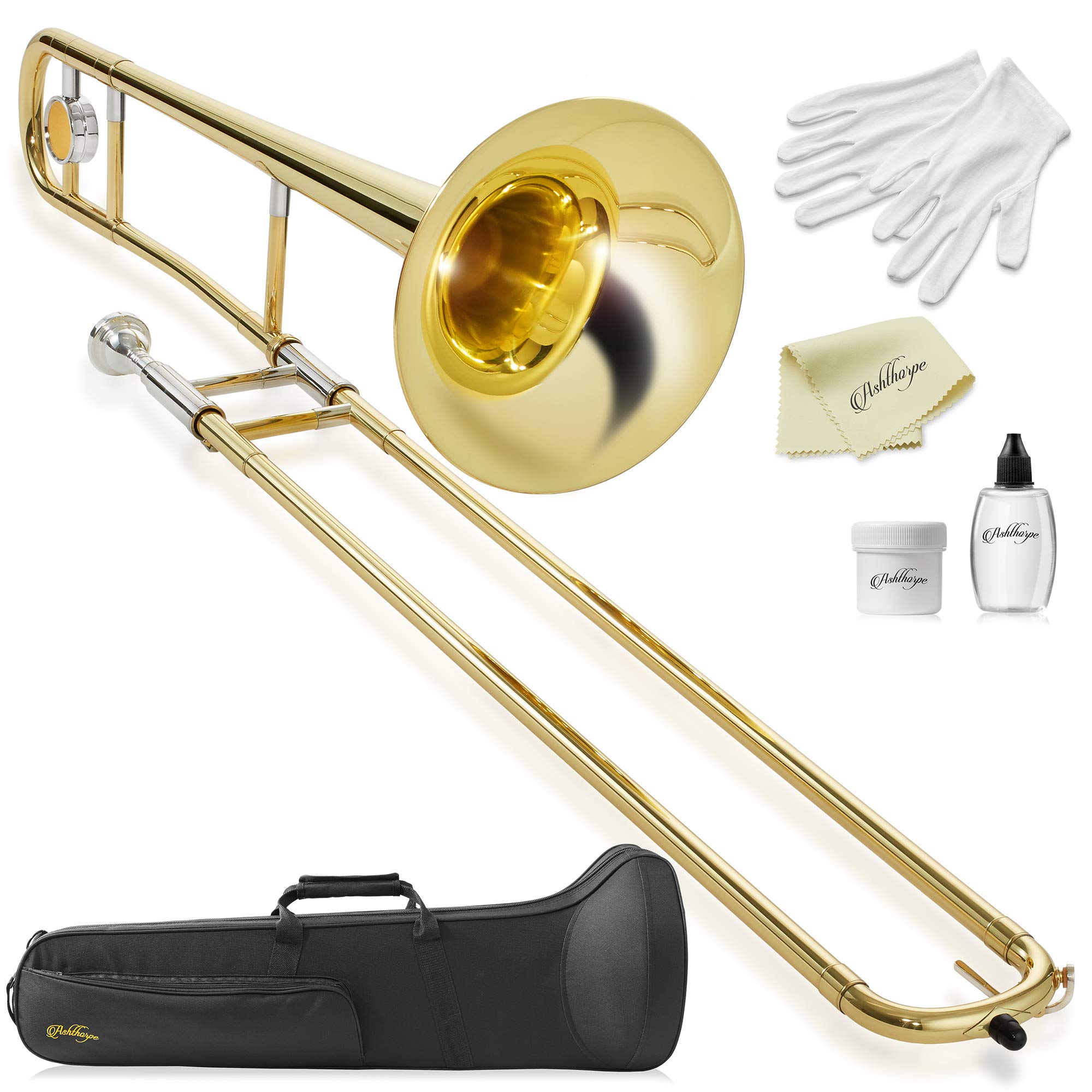 Ashthorpe Bb Tenor Slide Trombone with Gold Lacquer Finish - Professional Brass Instrument with Case, Mouthpiece, Gloves, Cleaning Kit & Slide Grease - Perfect for School Bands, Jazz Ensembles & Orchestral Performances
