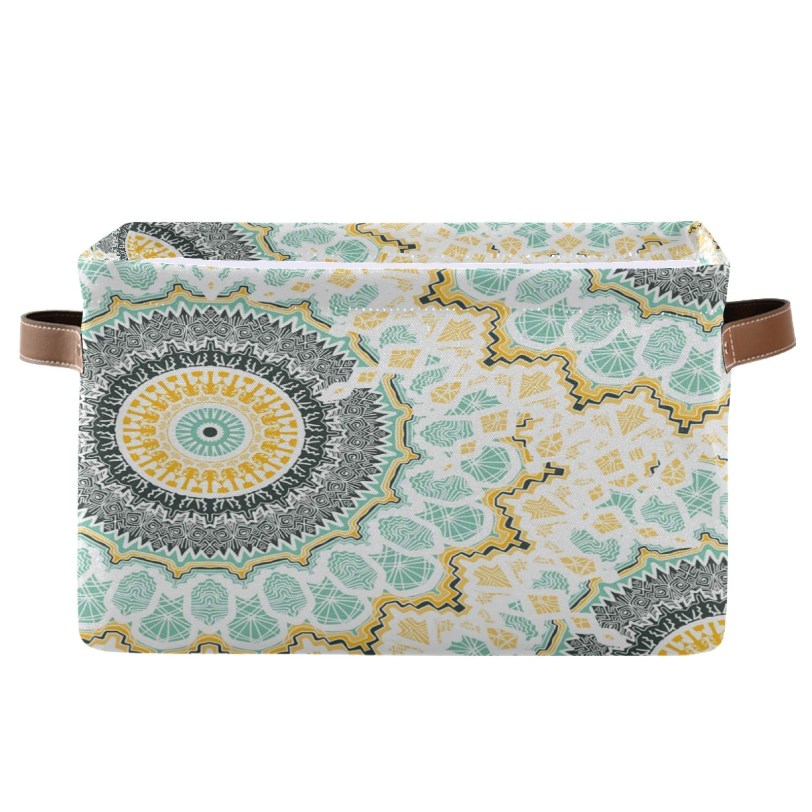 Qilmy Collapsible Canvas Storage Basket with Handles - Foldable Laundry Hamper & Organizer for Nursery, Toys, Closet, Bathroom - Elegant Mandala Bohemian Design in Yellow & Aqua - Perfect for Home, Office & Travel Organization