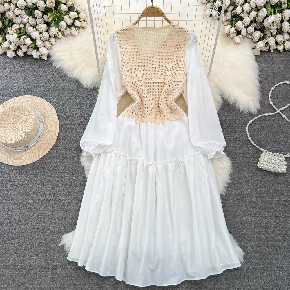 Fairy Sweet Bubble Long Sleeve V-Neck Knit Midi A-Line Dress 1354 - Elegant Casual Wear for Women, Perfect for Office, Date Night & Spring Outfits