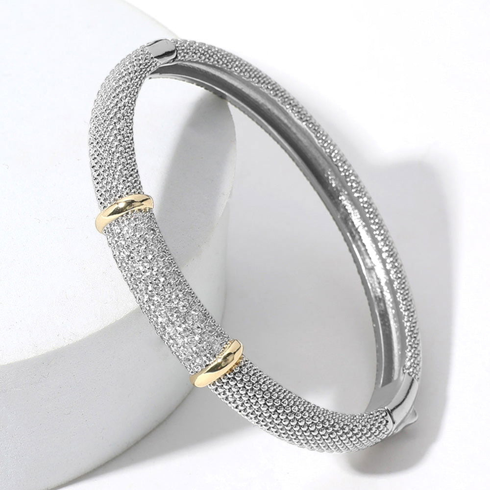 Silver CZ Stone Two-Tone Mesh Hinged Bangle Bracelet for Women - Elegant Jewelry Gift for Birthday, Anniversary & Special Occasions