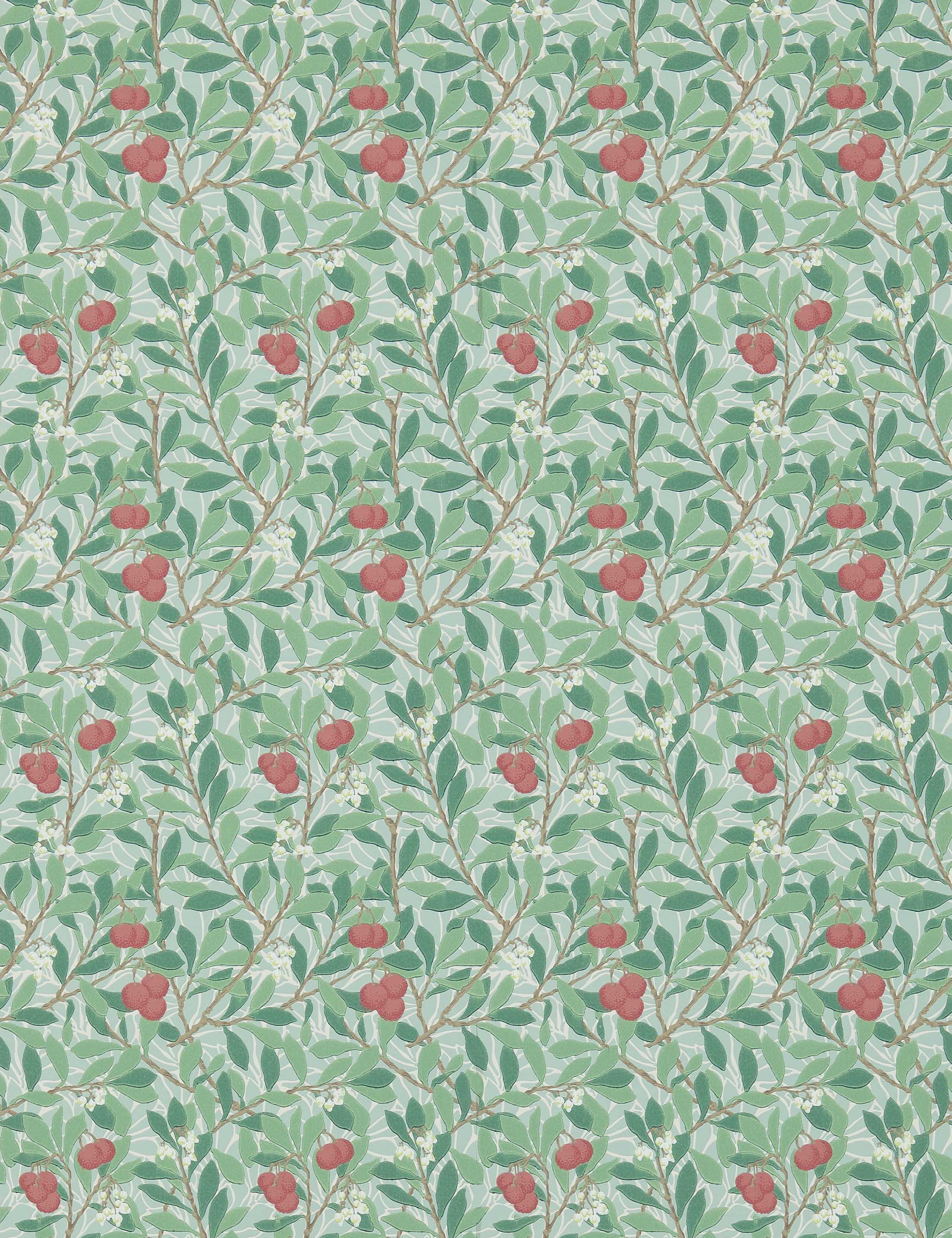 Arbutus Wallpaper by Morris & Co. - Thyme & Coral Design Swatch | Premium Floral Wallpaper for Living Room, Bedroom & Dining Room Decor