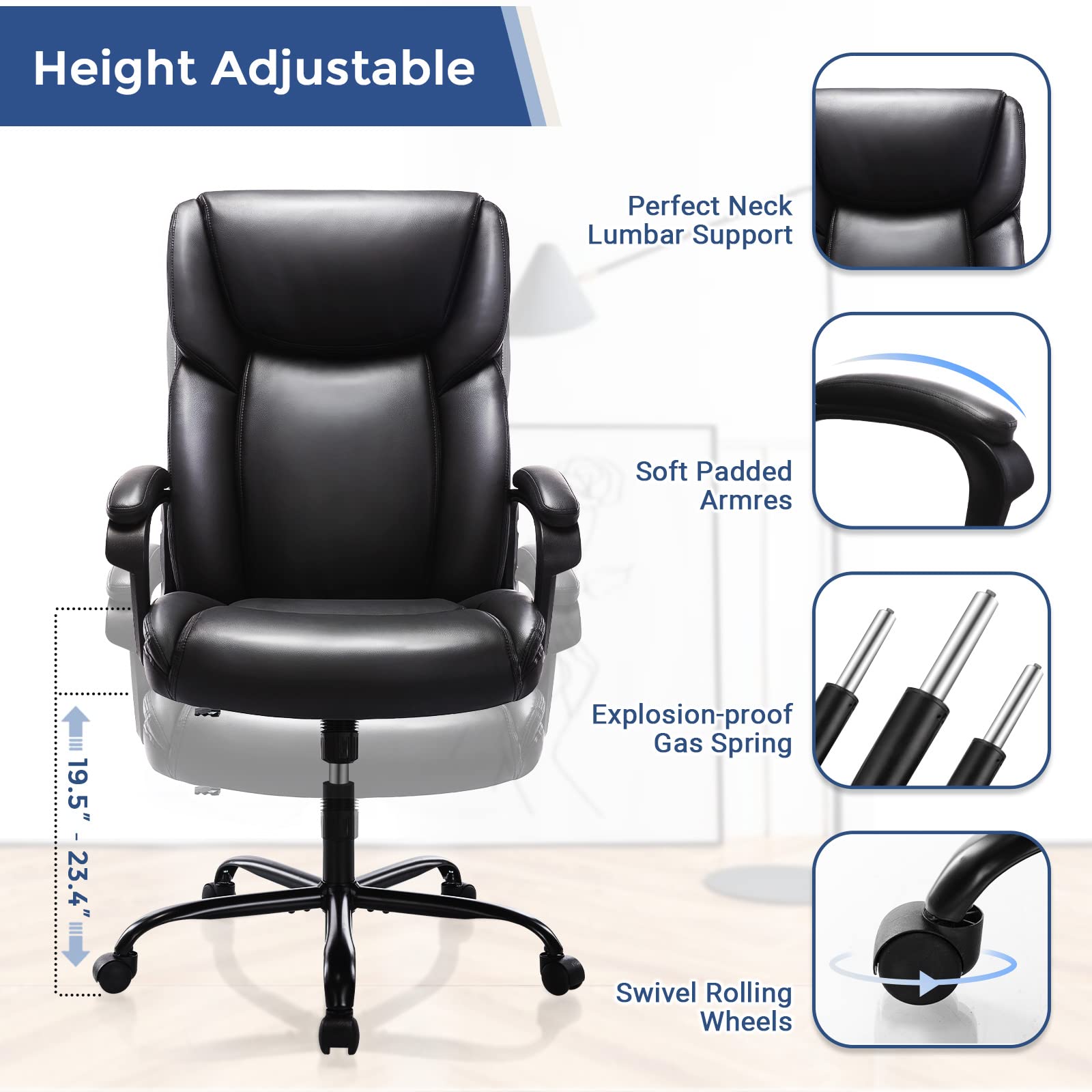 Premium High Back Executive Office Chair - Adjustable Ergonomic Managerial Swivel Task Chair with Lumbar Support, PU Leather, Rolling Casters - Perfect for Home Office, Computer Work & Conference Rooms (Black)