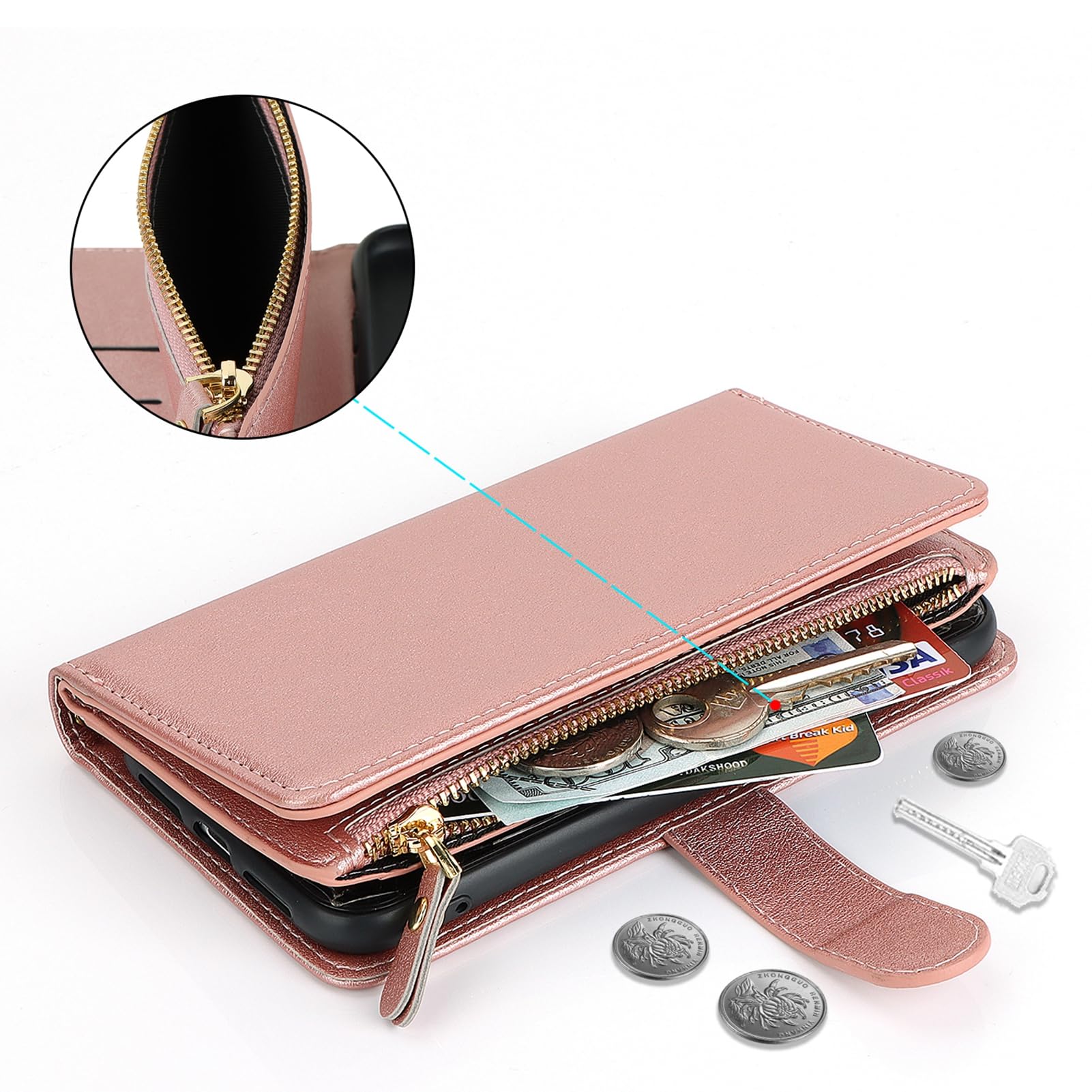 Jaorty Crossbody Phone Case for iPhone 15 with Strap Lanyard - Leather Wallet Case with Card Holder & Zipper Pocket - Magnetic Flip Cover for Women (6.1