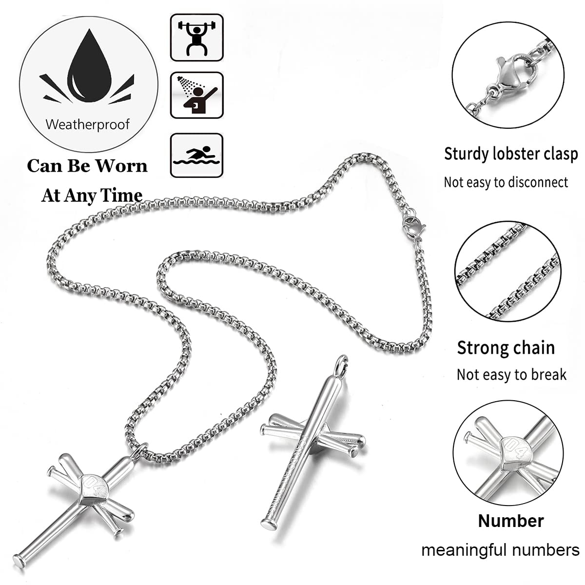 Stainless Steel Baseball Cross Pendant Necklace for Men & Boys - Sports Jewelry with Player Number - Perfect Gift for Athletes & Baseball Fans (Game Day, Training, Casual Wear)