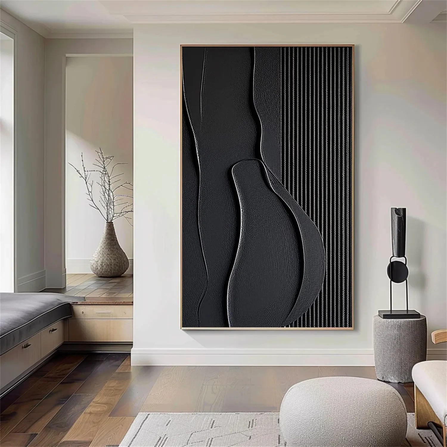 Black Minimalist Textured Painting Canvas Wall Art - Modern Abstract Home Decor for Living Room, Bedroom & Office | Premium Quality #MZ096
