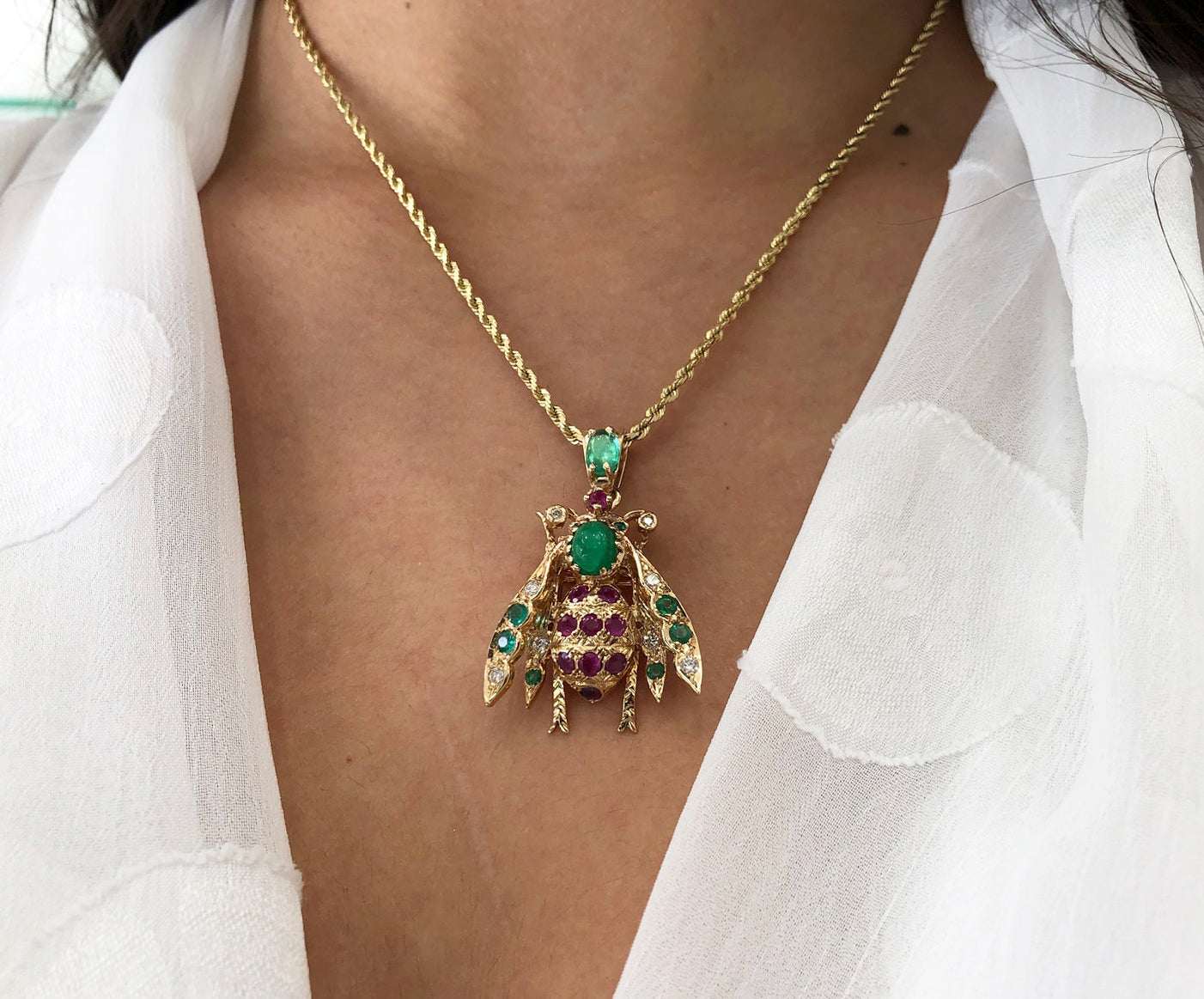 4.14tcw Genuine Emerald Ruby Diamond Bug Bee Insect Pendant in 14K Gold - Elegant Jewelry for Women, Perfect Gift for Birthdays & Anniversaries