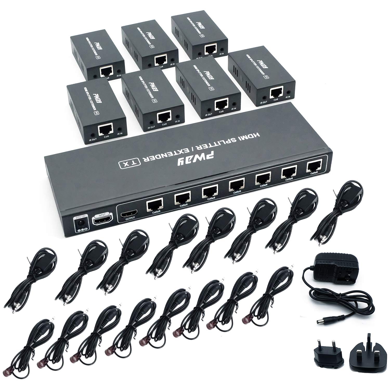 PW-HTS0107IR HDMI Splitter Extender 1x7 Port - 1080P HD Video Over Cat5e/Cat6 Ethernet Cable with IR Remote Control, No Delay up to 60m (196ft) - Perfect for Home Theater, Conference Rooms & Multi-Screen Displays