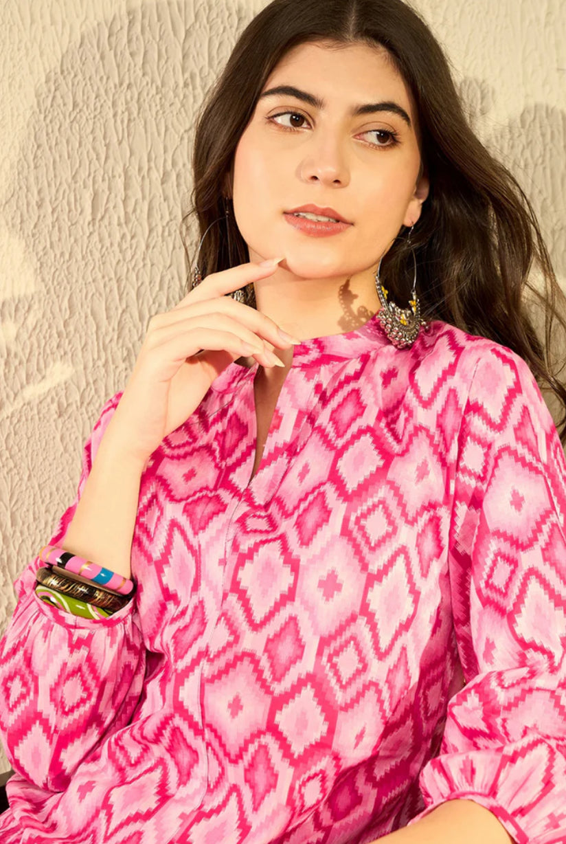 Stylish Pink Cotton Blend Ikat Printed Tunic Top for Women | Comfortable & Fashionable Summer Tunic Blouse | Perfect for Casual Outings, Beach Cover-ups & Boho Chic Outfits