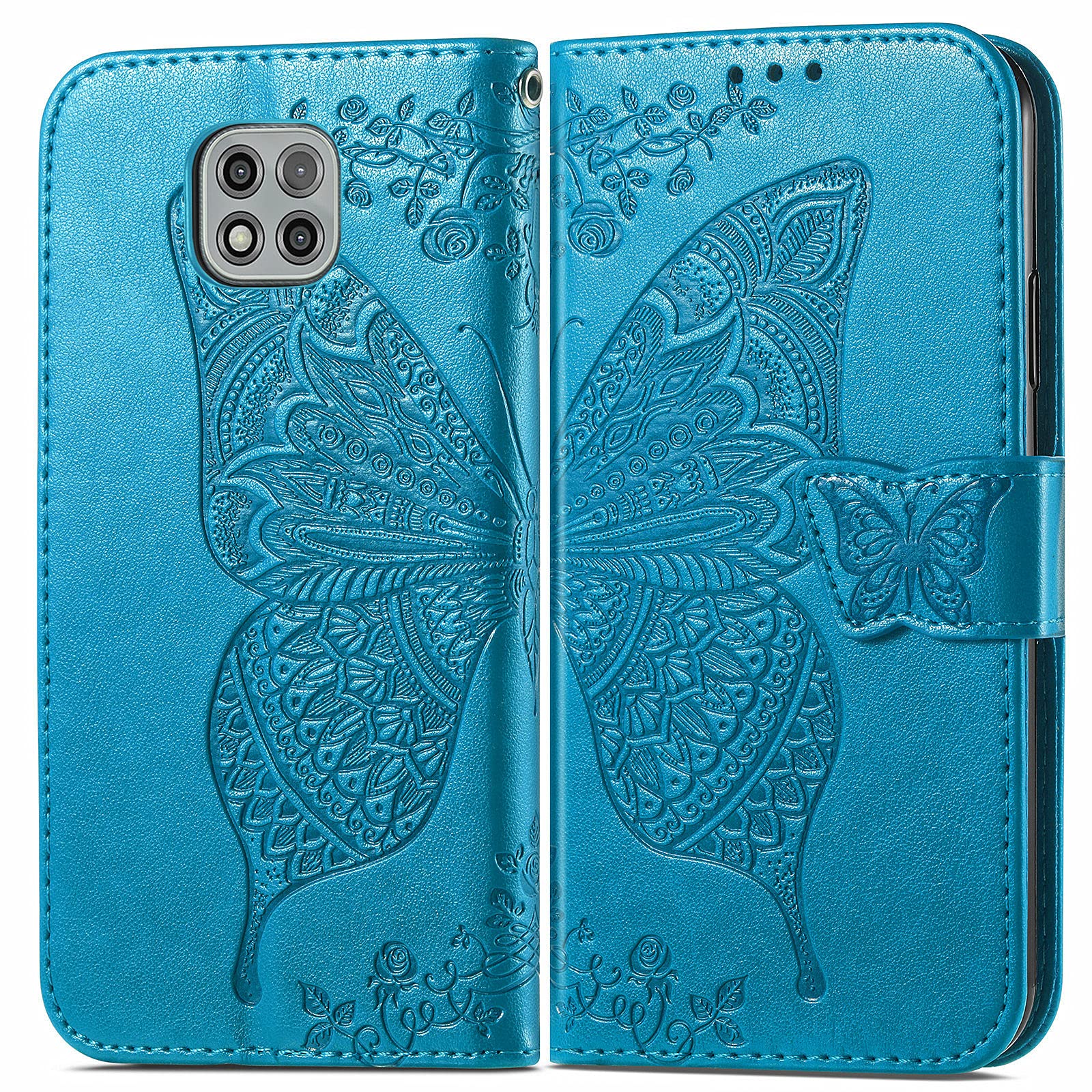 Premium Genuine Leather Flip Case for Motorola Moto G Power 2021 - 3 Card Slots & Coin Pocket Wallet Phone Cover - Shockproof Scratch Resistant Butterfly Design in Blue - Perfect for Work, Travel & Everyday Use