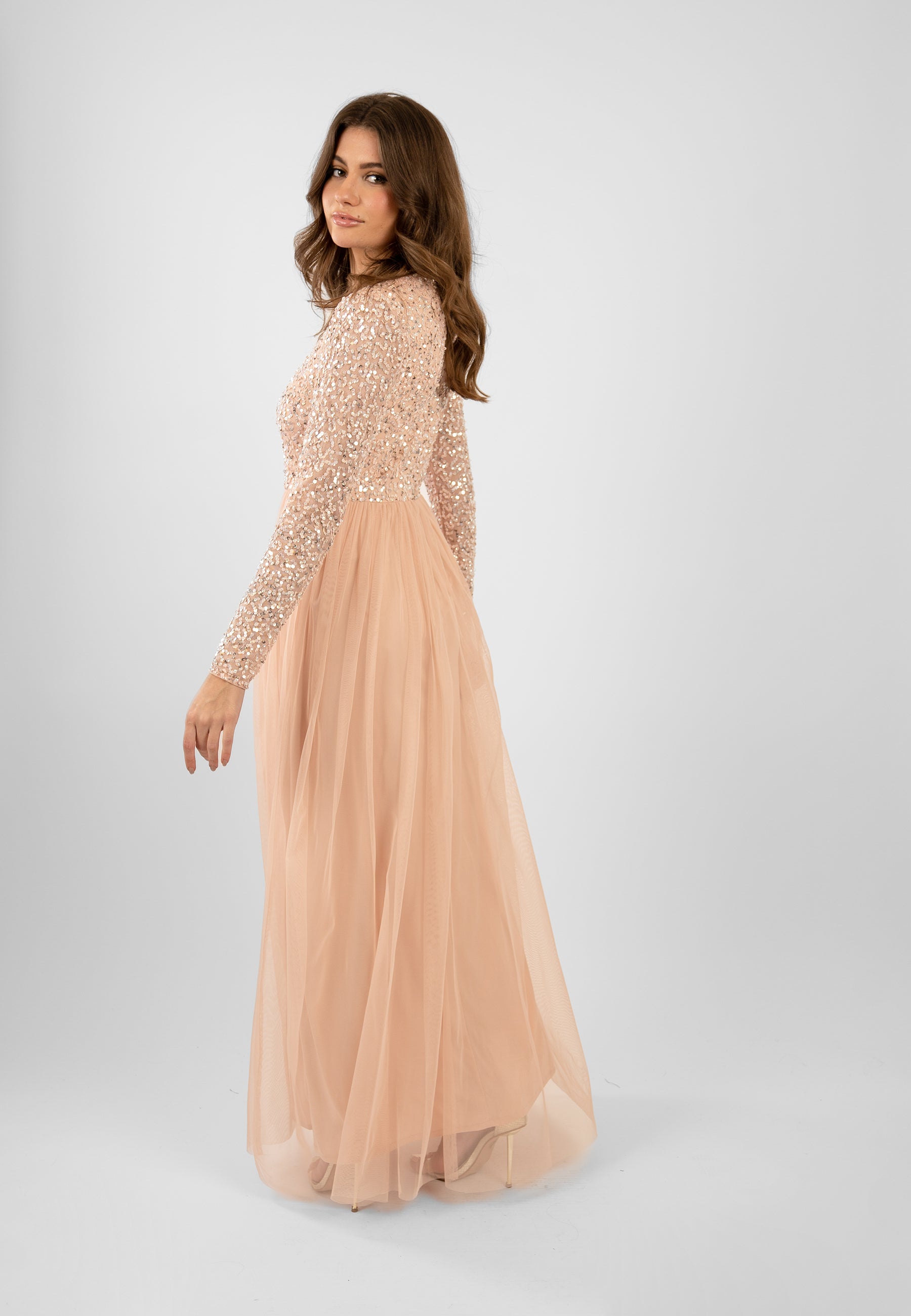 Elegant Belle Blush Pink Long Sleeve Bridesmaid Dress - Formal Wedding Party Gown for Bridesmaids, Evening Events & Special Occasions