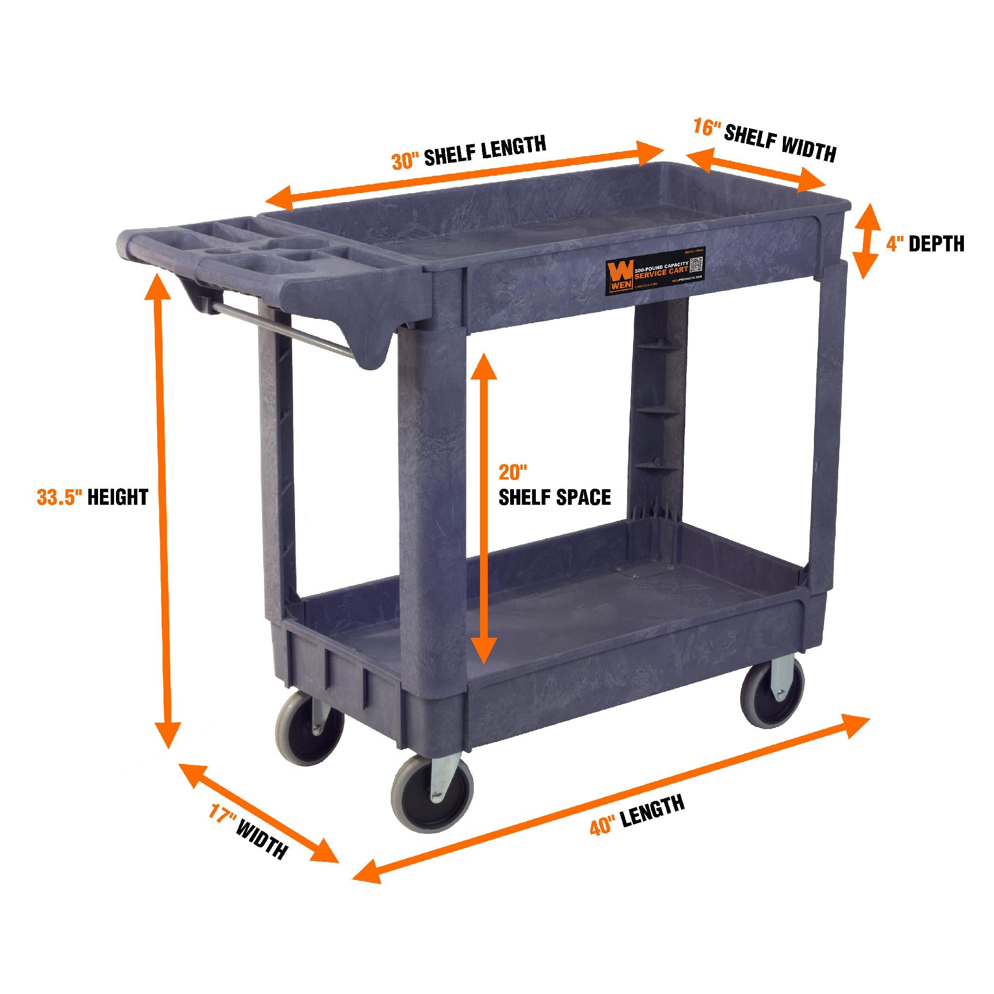 WEN 73002 Heavy Duty 500 lb Capacity 40x17 Inch Utility Service Cart - Perfect for Warehouse, Workshop & Home Organization