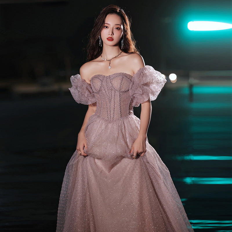 Elegant Off-Shoulder A-Line Prom Gown in Pink & Purple - Formal Evening Dress for Women | Perfect for Homecoming, Prom Night & Special Occasions