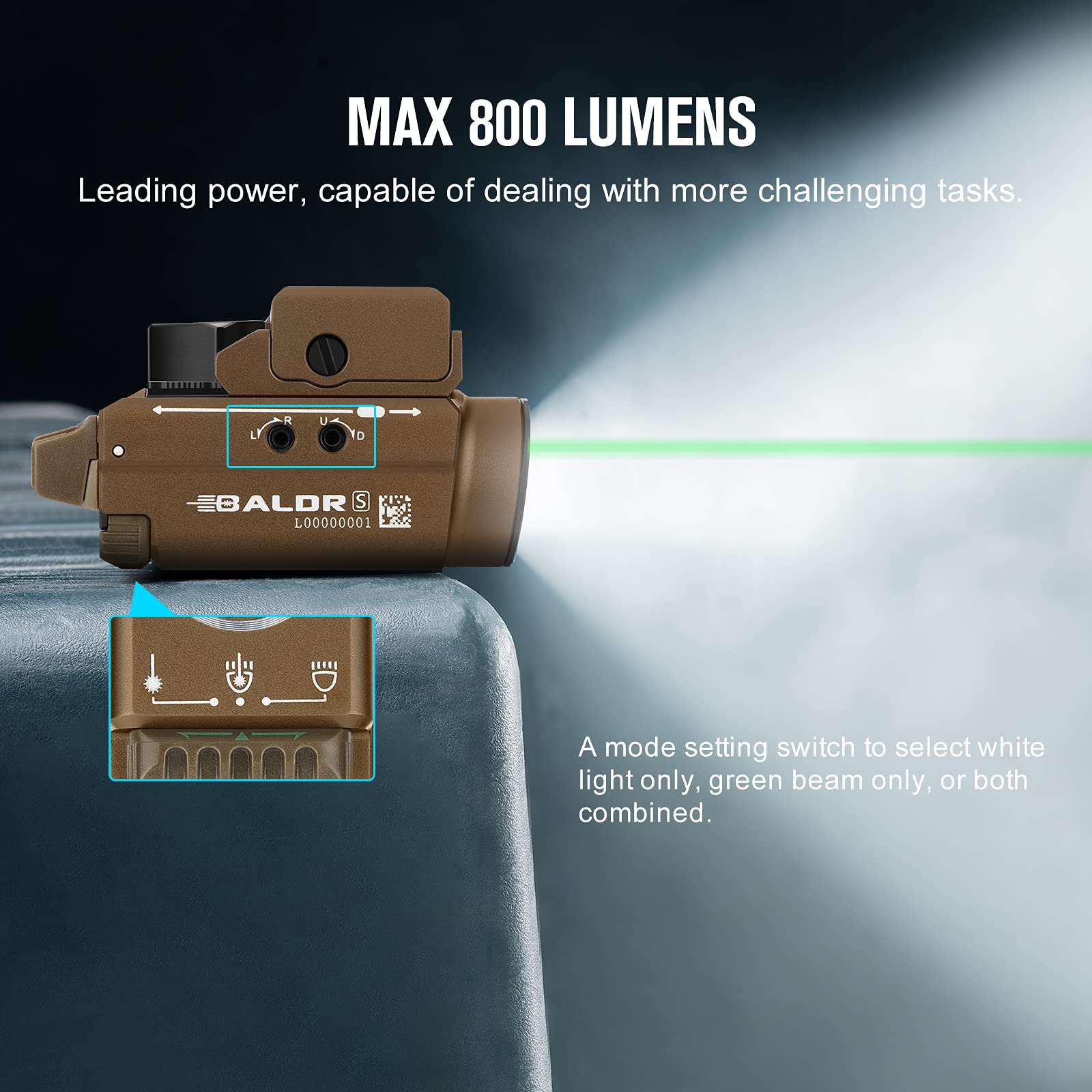 Olight Baldr S 800 Lumens Tactical Flashlight - Green Beam & White LED Combo, Magnetic USB Rechargeable Weapon Light for 1913/GL Rail - Compact Rail Mount for Pistols & Rifles (Desert Tan) - Perfect for Home Defense, Hunting & Tactical Operations