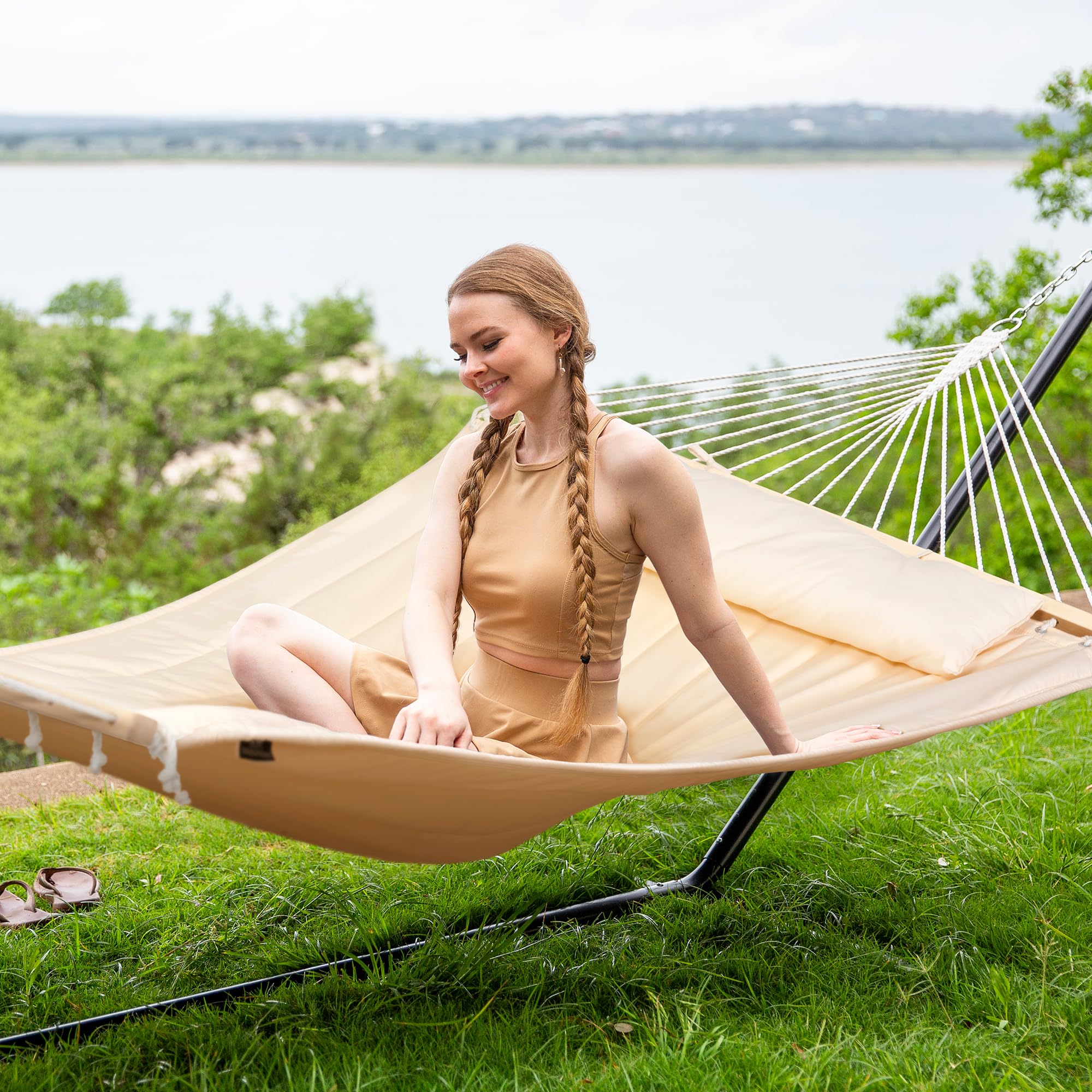 **SUNCREAT Double Outdoor Hammock with 15 ft Stand – Heavy Duty Patio Hammock for Backyard, Garden, or Beach – Beige – Perfect for Relaxing, Lounging, and Sunbathing**