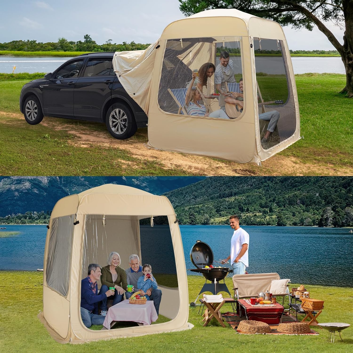 All-Weather Camping Screen Tent & SUV Tent - Waterproof PVC Shelter with Mesh for Outdoor Adventures | Portable Pop-Up Instant Tent for Car, Van, RV Camping | Perfect for Beach Trips, Backyard BBQs & Family Camping