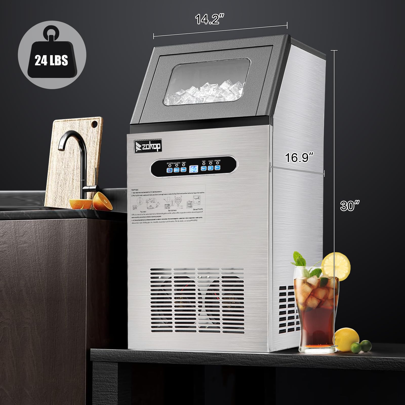 Winado 110LBS/24H Commercial Ice Maker Machine - Stainless Steel Freestanding Ice Maker with 24LBS Storage Bin & Auto Clean Function - Perfect for Home Kitchen, Restaurant, Bar, Hotel, Coffee Shop, and Store Use