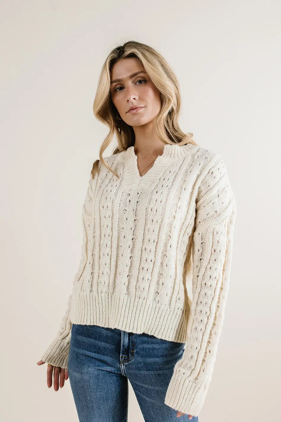 Emilia Knit Sweater Women's Cream Pullover - Cozy Winter Casual Wear for Office & Date Nights