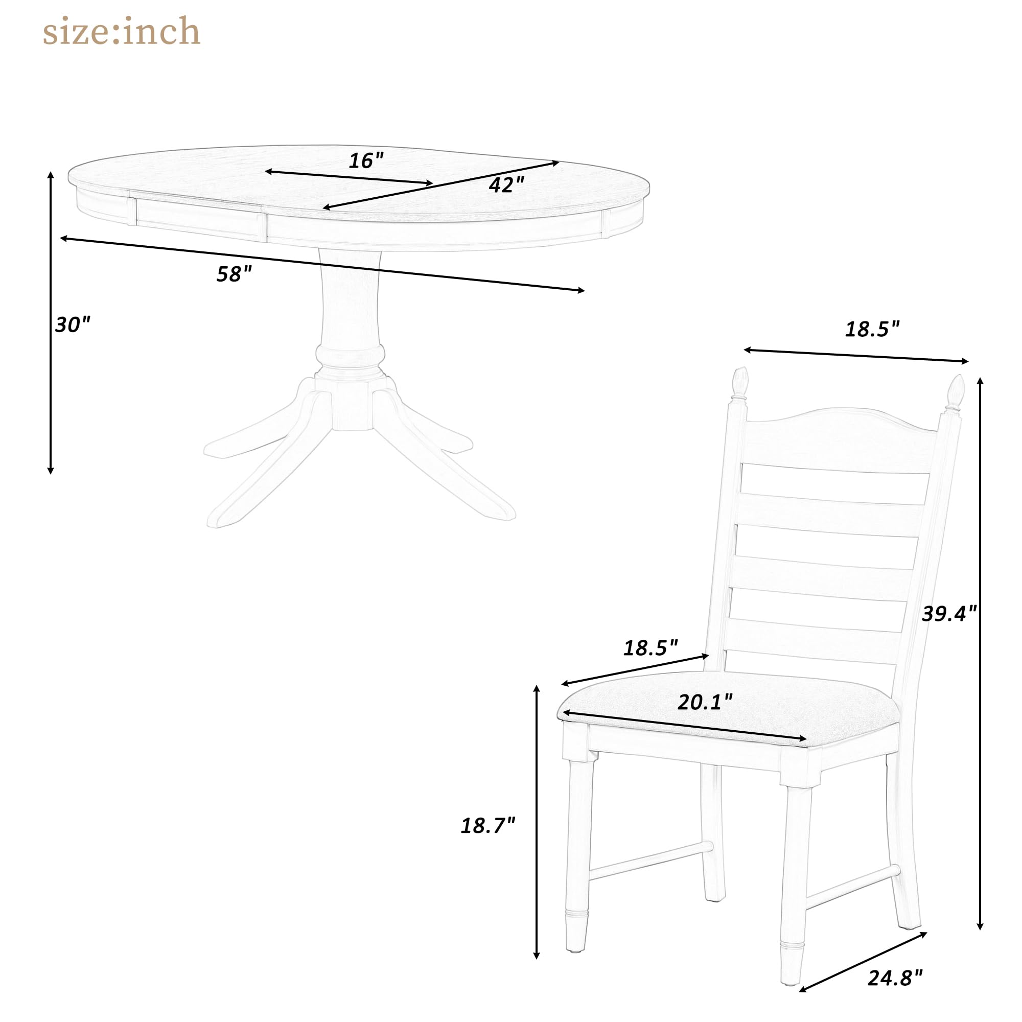 Knocbel Retro 4-Person Extendable Dining Table Set with 4 Upholstered Chairs - 5-Piece Kitchen Dinette Set in Antique White (58 Inch) - Perfect for Small Space Dining Rooms, Breakfast Nooks, Bistros & Home Bars