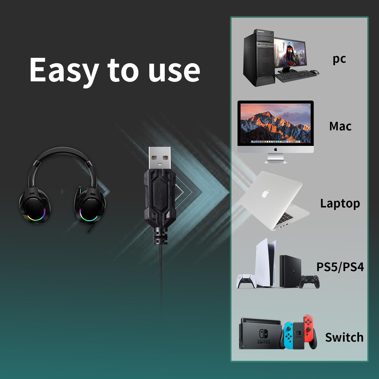 EG80 USB Gaming Headset with Noise Cancelling Mic - 7.1 Surround Sound, Memory Foam Ear Cushions & RGB Lighting - Wired Headphones for PS4, PS5, PC, Laptop - Perfect for Gaming, Streaming & Call Center Work