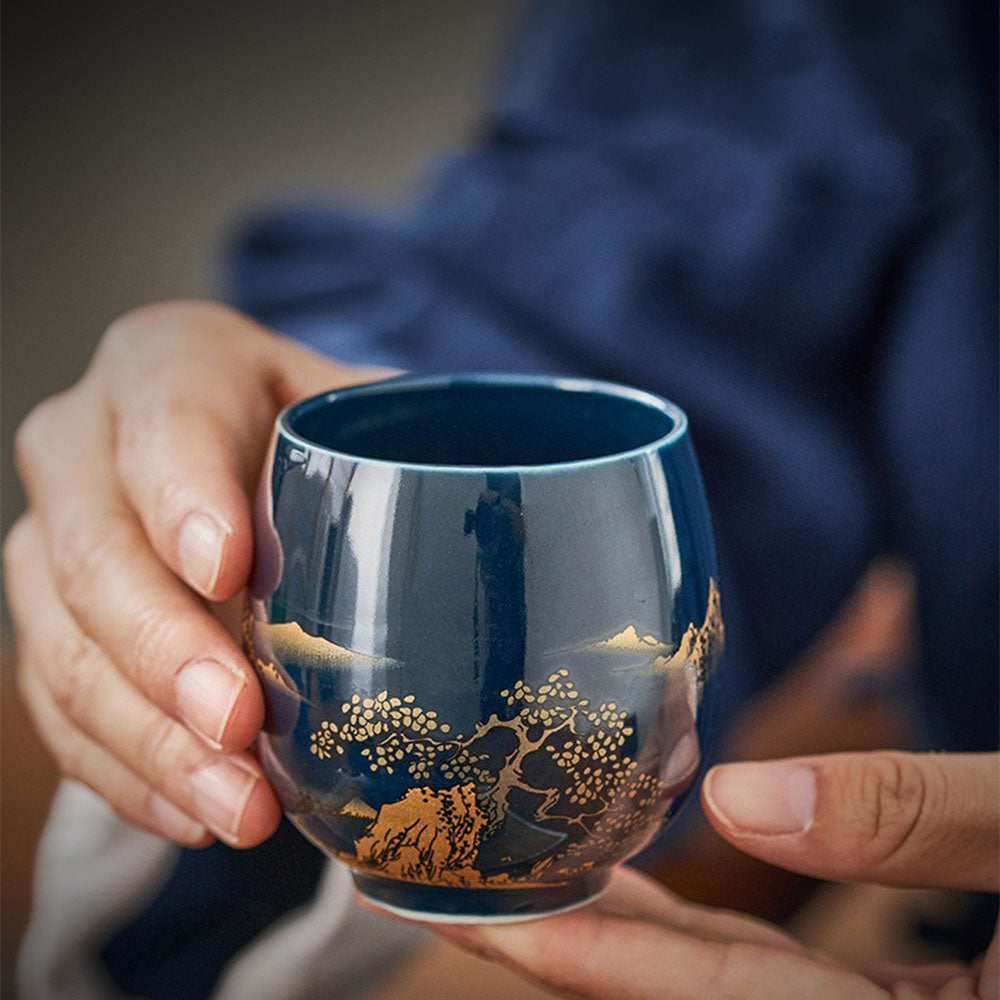 Premium Japanese Blue Landscape Ceramic Tea Set with Matching Tray - Traditional Matcha Tea Ceremony Gift Set for Home & Zen Decor