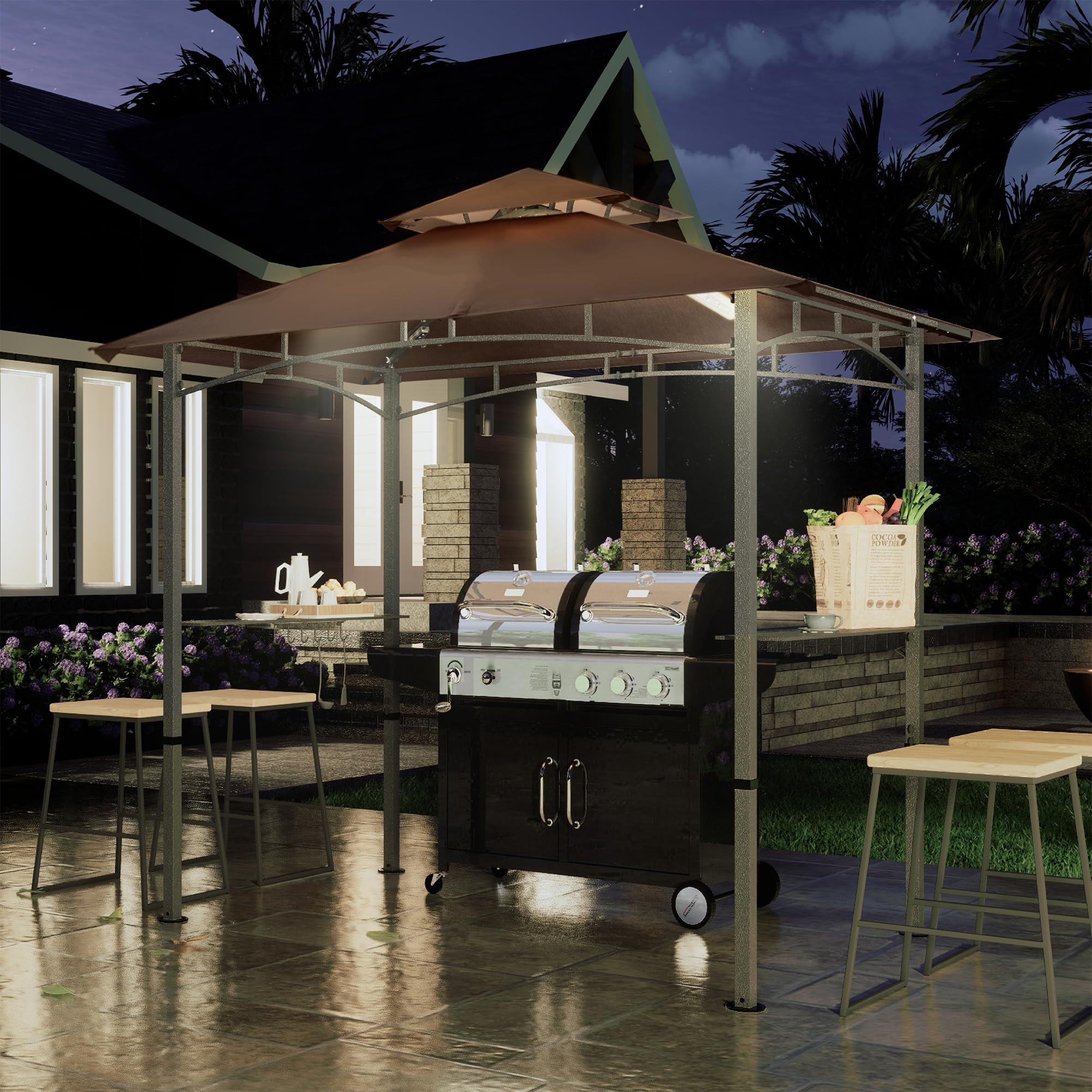 COOSHADE 8'x5' Double Tiered Outdoor BBQ Grill Gazebo with LED Lights - Waterproof Canopy for Patio, Backyard, Garden & Camping (Brown)