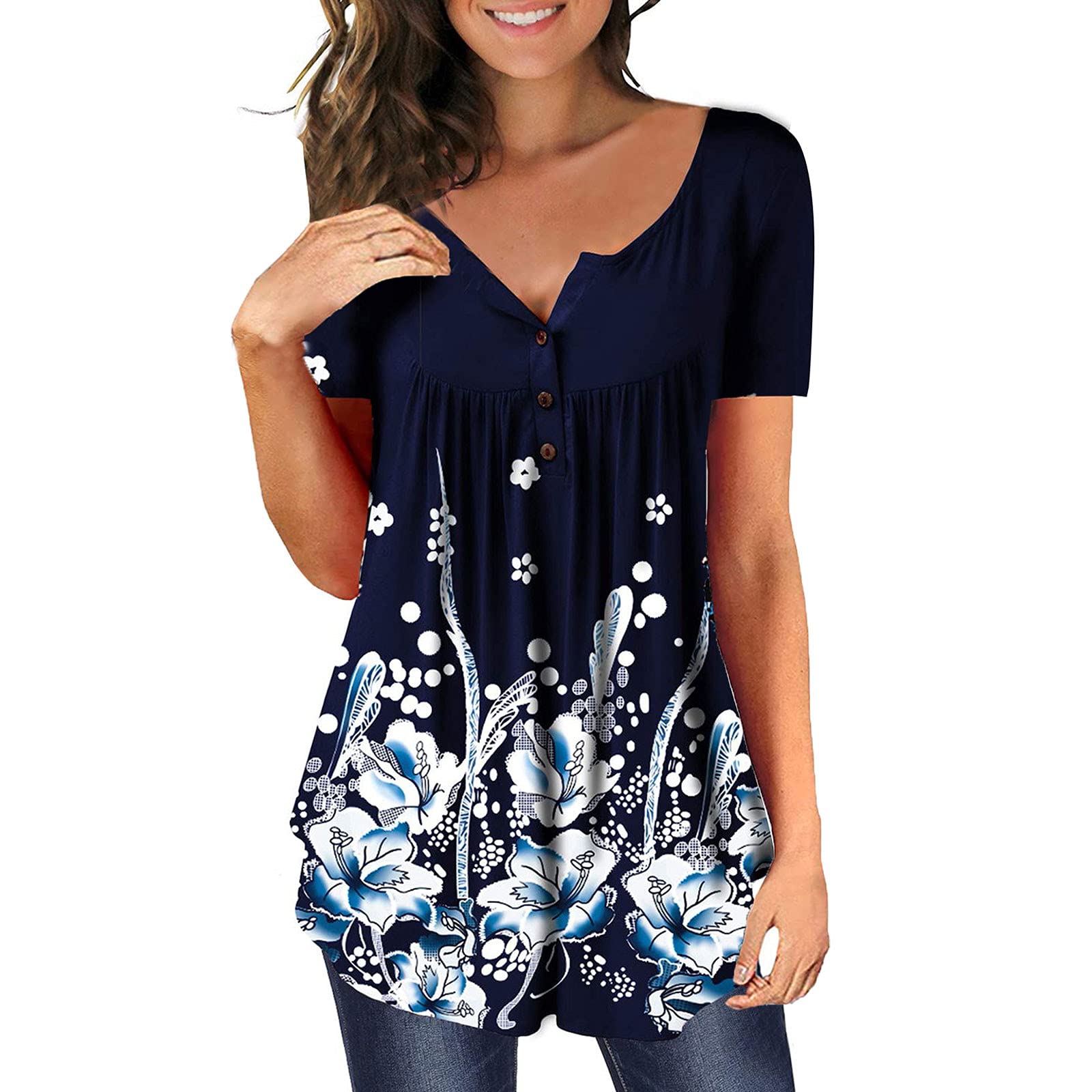 Trendy Women's Floral Summer Tops - Casual V-Neck Short Sleeve Blouse for Outings