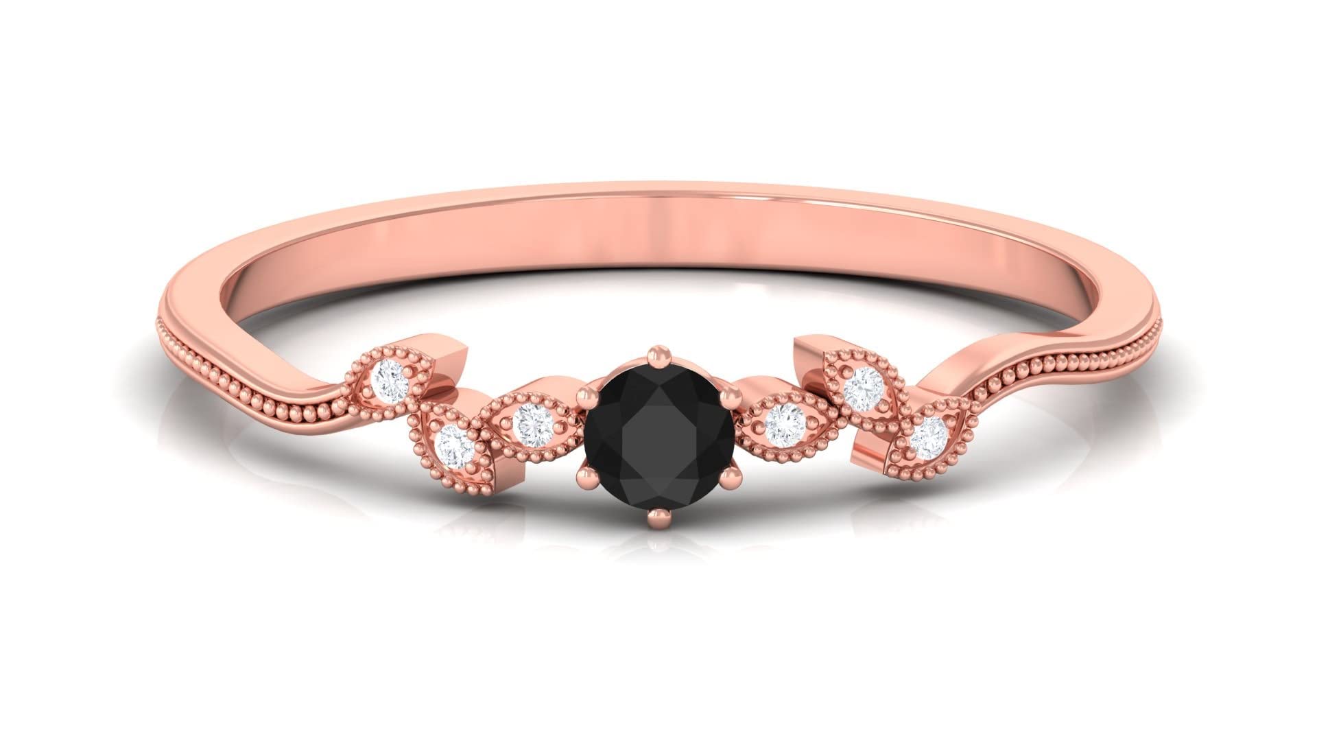 14K Solid Gold Created Black Diamond Leaf Promise Ring for Women - Elegant Beaded Design, Perfect for Anniversaries, Engagements & Special Occasions