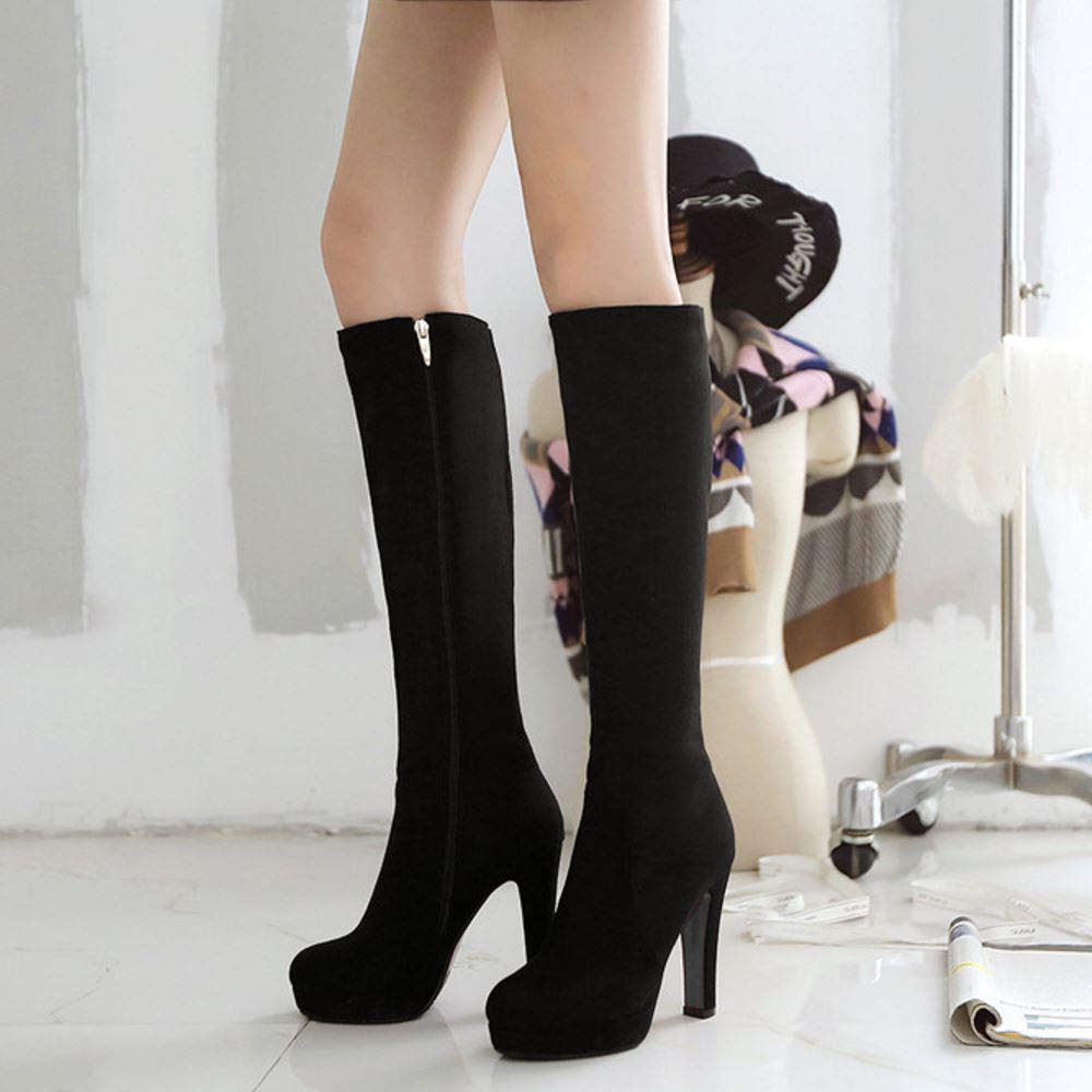 Scaruki Women's Elegant Mid-Calf Boots with Block Heels & Platform - Stylish Fall/Winter Fashion for Office, Party & Night Out