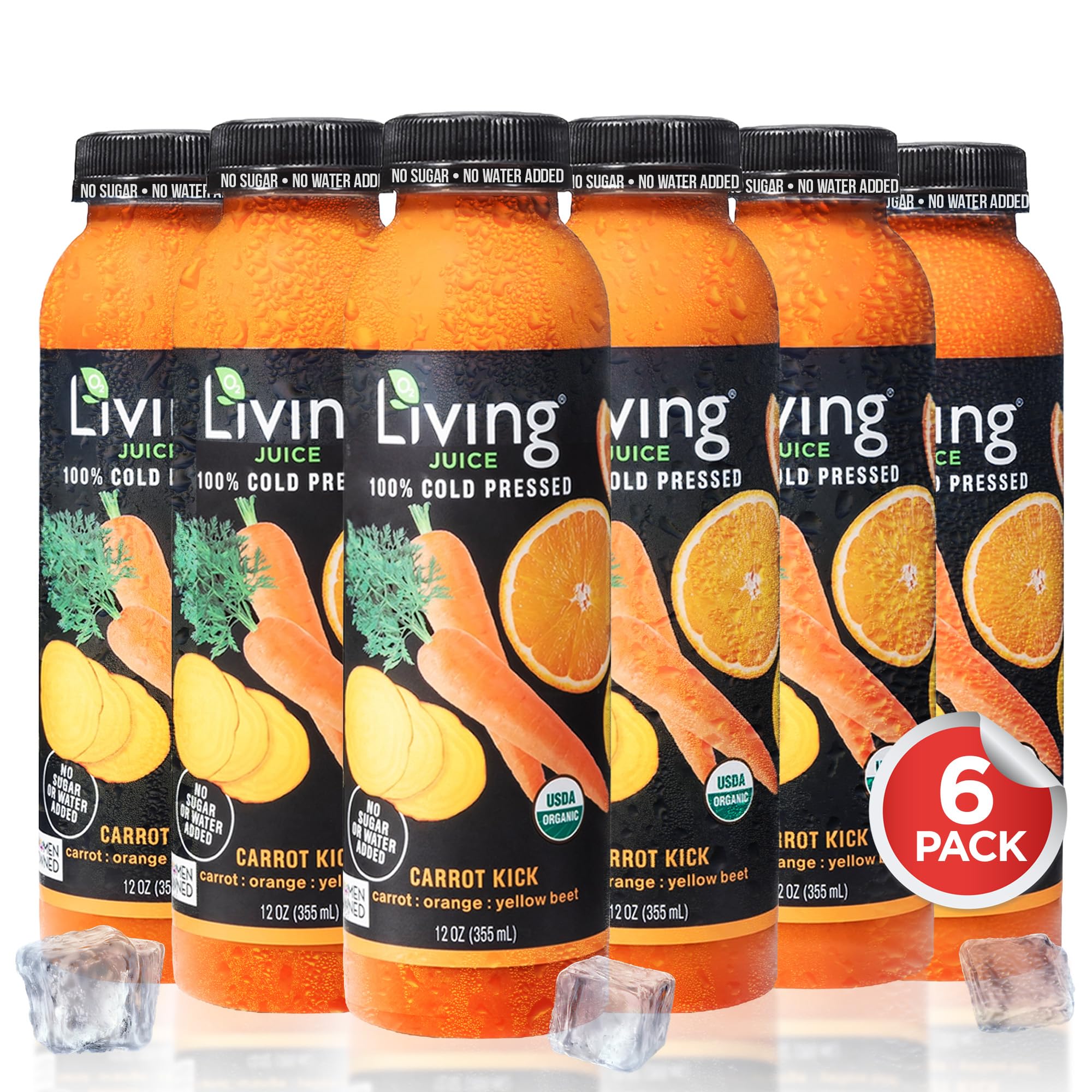 Organic Cold Pressed Juice 6-Pack - O2 Living Carrot Kick (12oz) | Low-Calorie Detox Drink with Fresh Fruits & Vegetables | Non-GMO, Vitamin-Rich Immunity Booster | Perfect for Post-Workout Recovery & Healthy Lifestyle