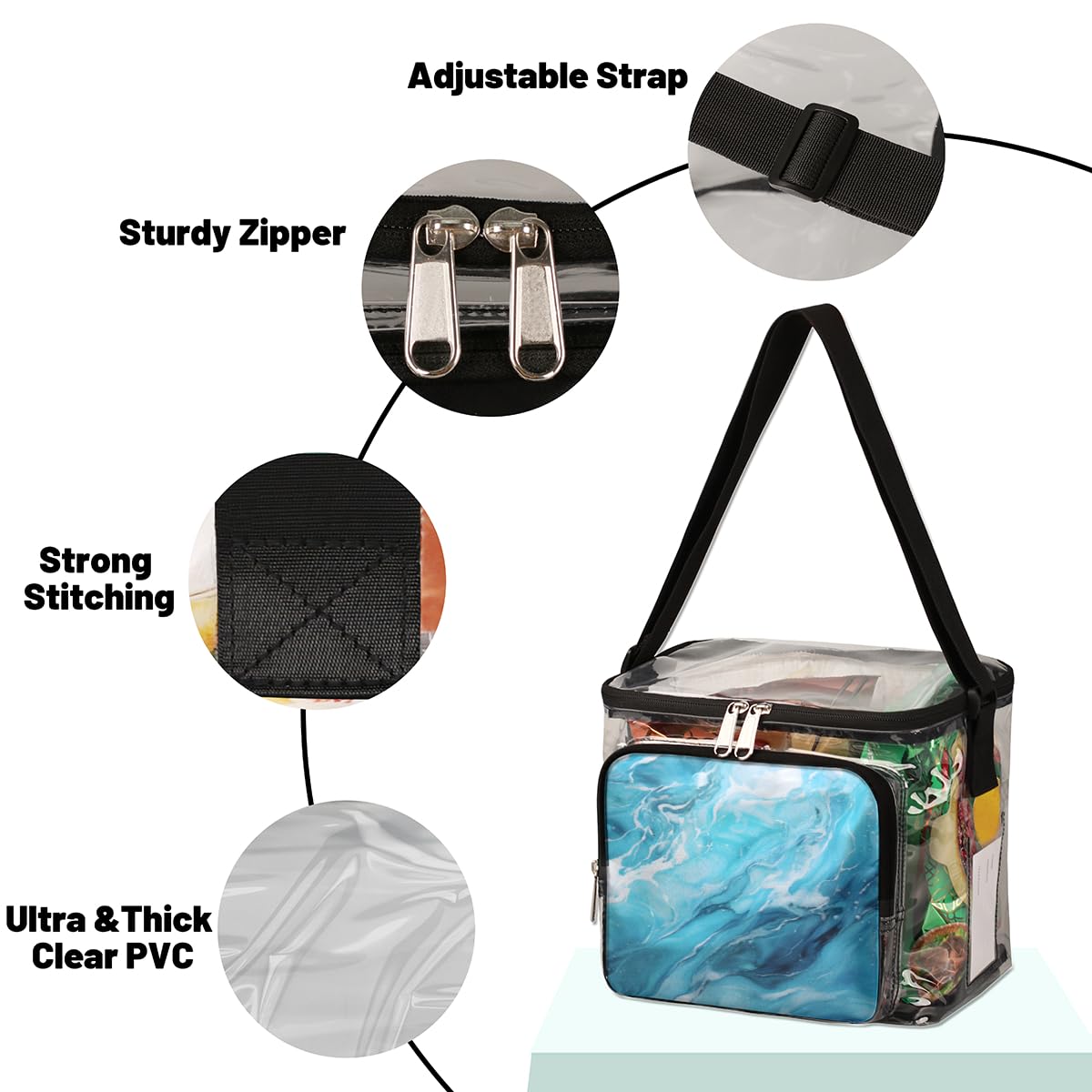 GzLeyigou Blue Marble Print Clear Tote Bag - Transparent Crossbody Shoulder Bag with Handles for Women | Perfect for Lunch, Travel, Picnic, Concerts & Sports Events | Stadium Approved Waterproof Purse for Outdoor Activities