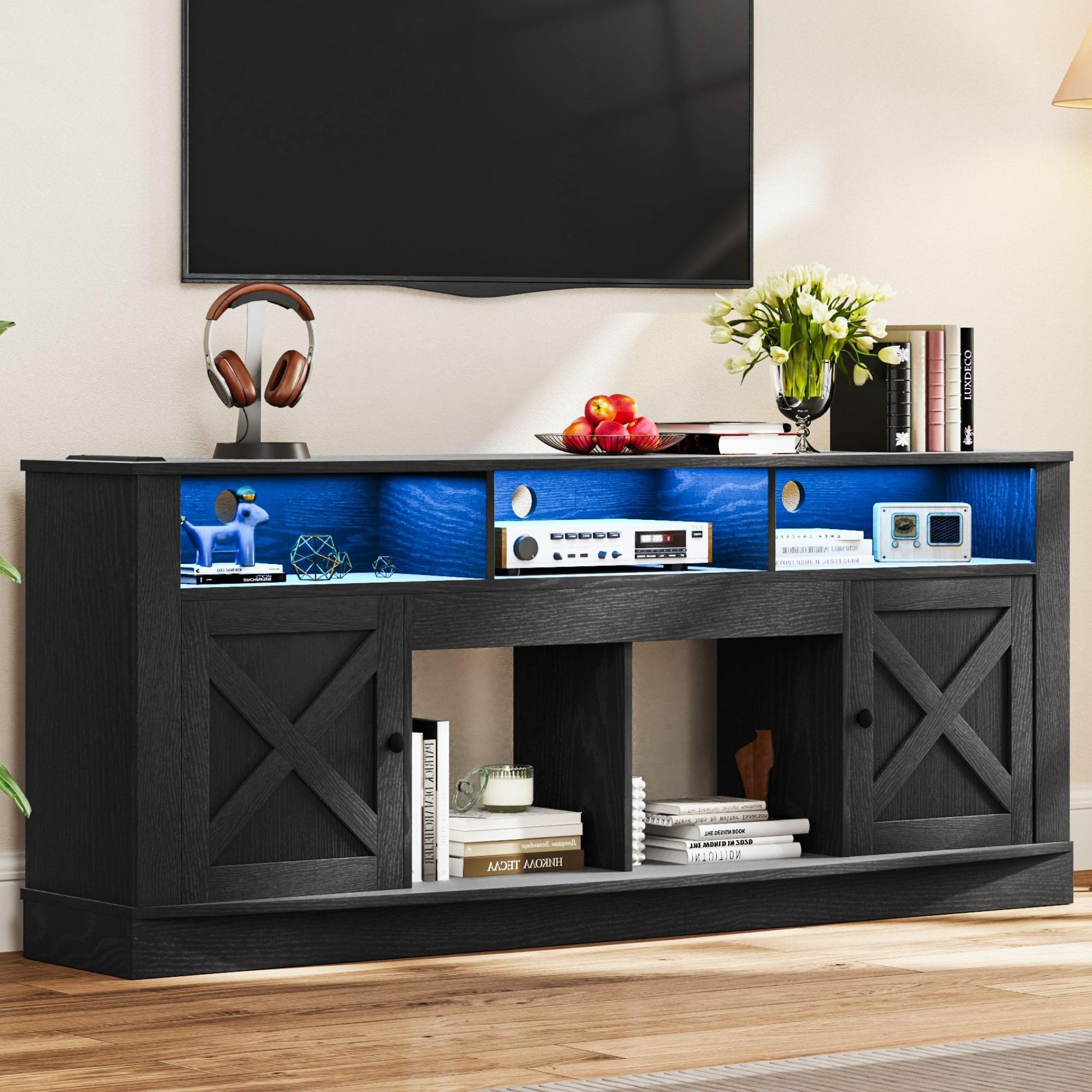 DWVO 75/80 Inch TV Stand with LED Lights - Modern Entertainment Center & Media Console with Barn Doors, Power Outlet - Sturdy TV Cabinet for Living Room, Bedroom, Home Theater (Black)