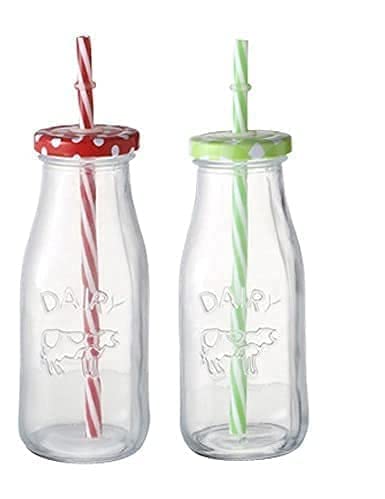 Lecrof 300ml Glass Milk Bottle with Reusable Straw & Airtight Lid - Perfect for Coffee, Tea, Juice, Smoothies & Water | Eco-Friendly Beverage Container for Home, Office, Gym & Travel