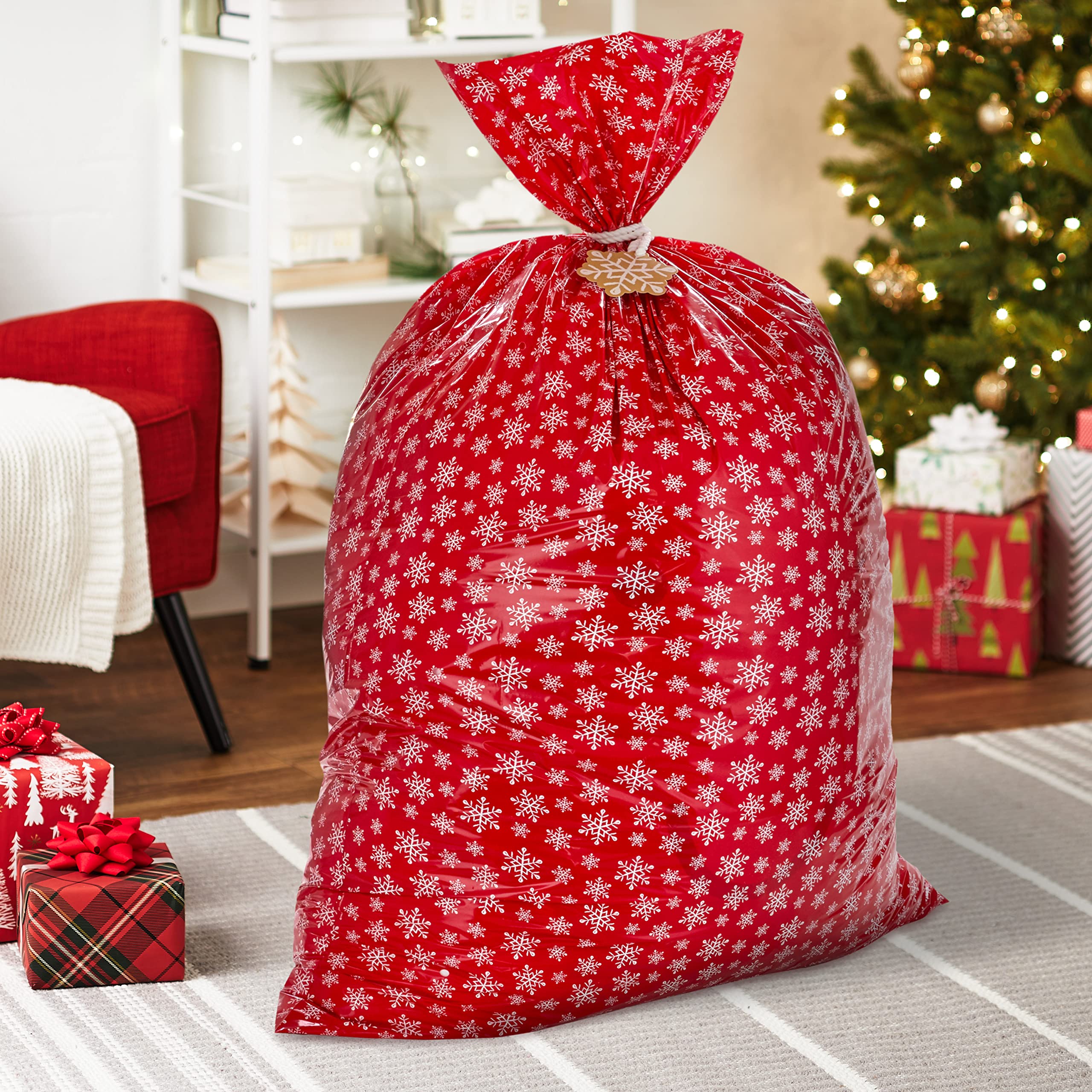Hallmark Jumbo Plastic Holiday XL Gift Bags (2 Extra Large Bags: Snowflakes on Red, Rustic Snowmen) for Carry-on Luggage, Giant Stuffed Animals, Bedding Sets - Perfect for Christmas Gifts, Travel Storage & Home Organization
