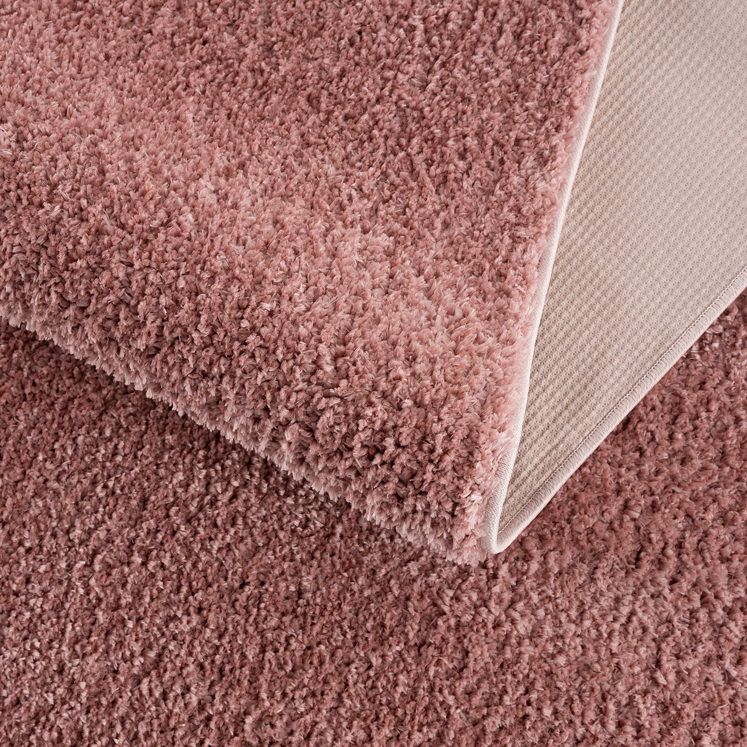 Hauteloom Machine Washable Solid Shag Rug - Soft Fluffy Plush High Pile Carpet for Living Room, Bedroom, Nursery & Dorm - Non-Slip Cozy Home Decor in Pink, Light Red, Light Burgundy - 7'10