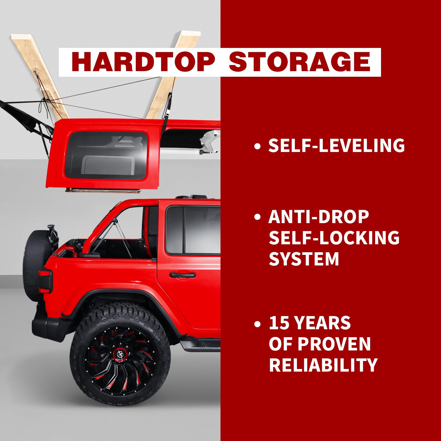 Jeep Wrangler Hard Top Removal Lift - Compatible with JK & JL Models - One-Person Hardtop Hoist with Anti-Drop Safety System - Works with 8-16 ft Ceilings - Includes 6 T Knobs - Perfect for Garage Storage & Off-Road Accessories Installation