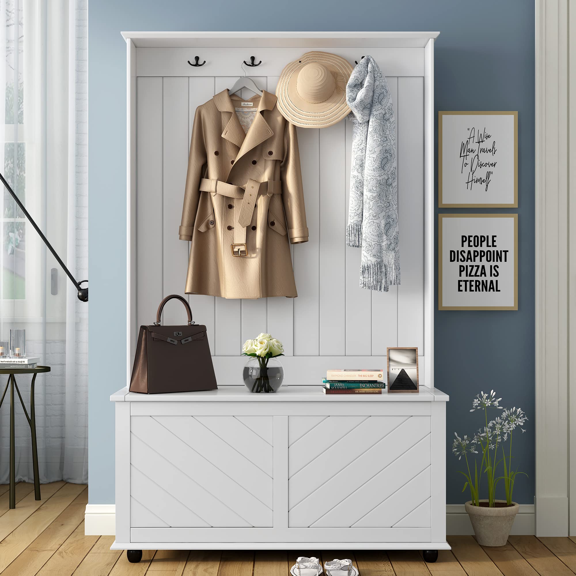 Ufinego Hall Tree with 4 Hooks & Storage Cabinet - Entryway Bench with Shoe Storage for Hallway - Perfect for Mudroom, Foyer & Home Organization
