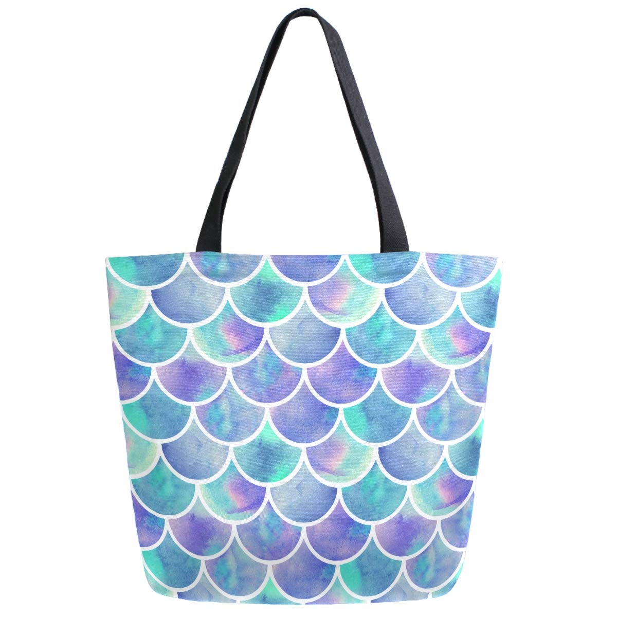 Extra Large Reusable Canvas Tote Bag - Rainbow Mermaid Scales Design for Grocery Shopping, Beach Travel & Market Use | Portable Storage Handbag for Women