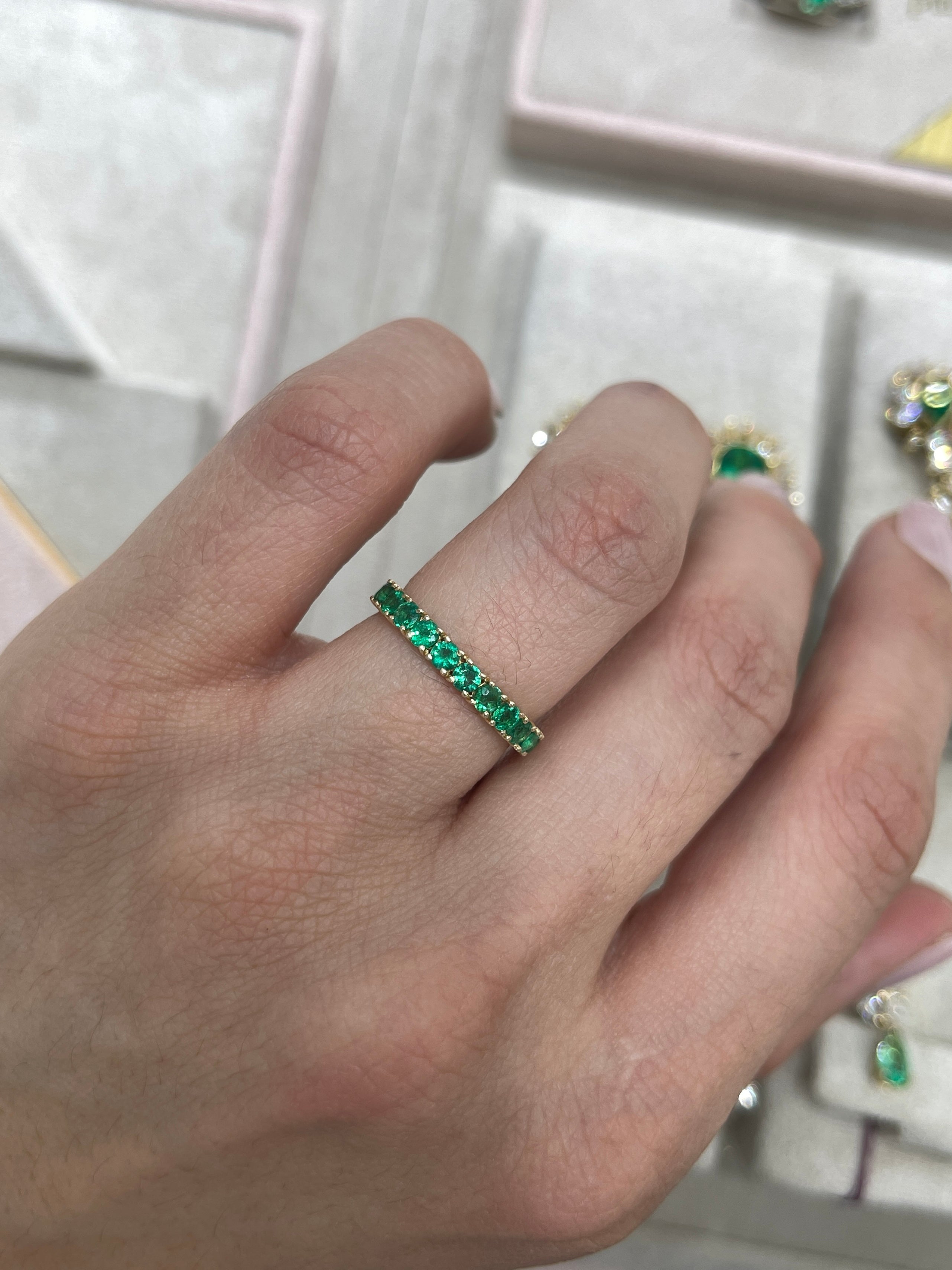 14K Gold Half Round Emerald & Diamond Eternity Band Ring - Size 7 | Wedding, Anniversary, Engagement Jewelry Gift for Women