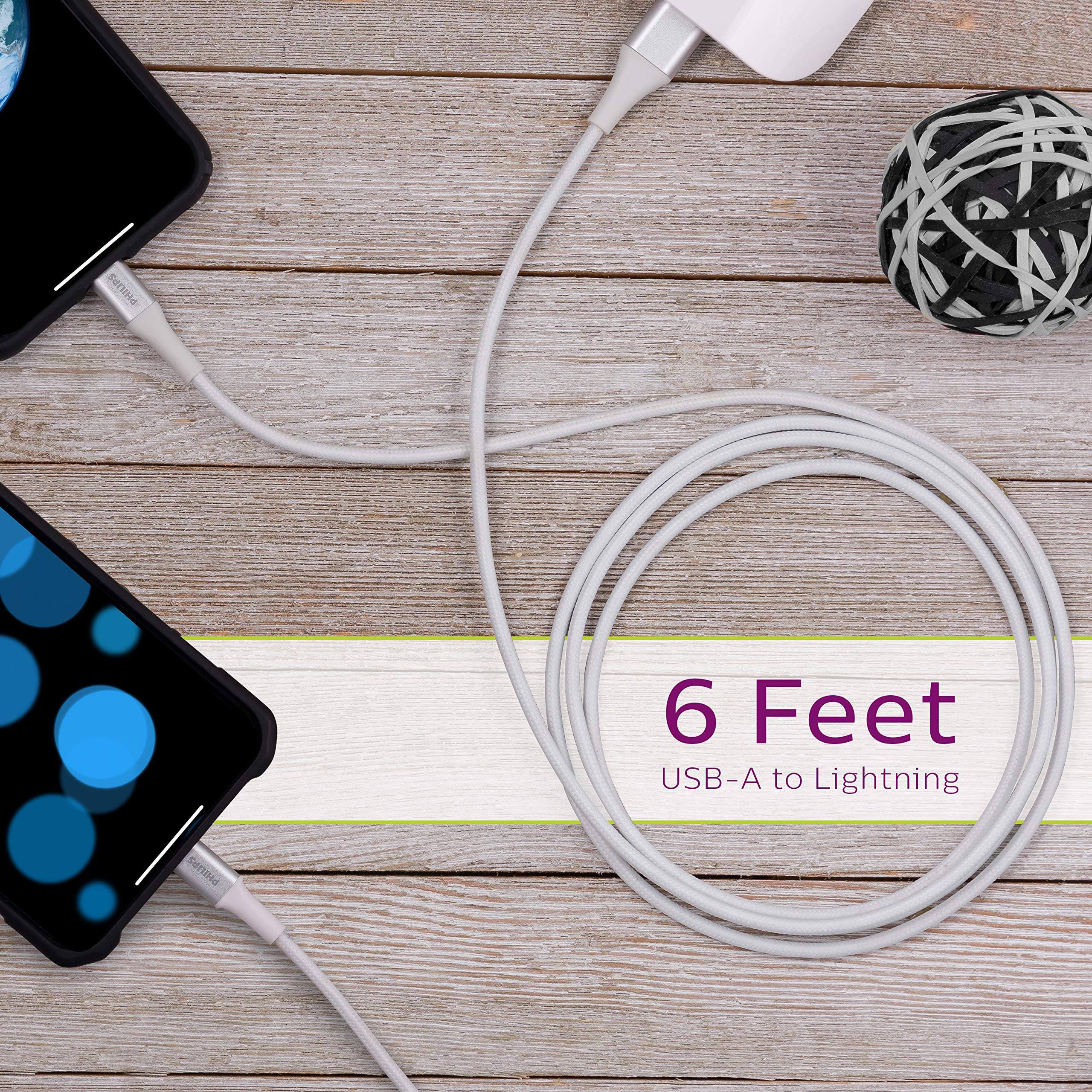 Premium Philips Elite 6ft Braided USB-A to Lightning Cable - Fast Charging & Durable for iPhone 12/11/Pro/Max/XS/XR/X/8, iPad, iPad Mini, iPad Air - White (DLC6206V/37) | Perfect for Home, Office & Travel Charging