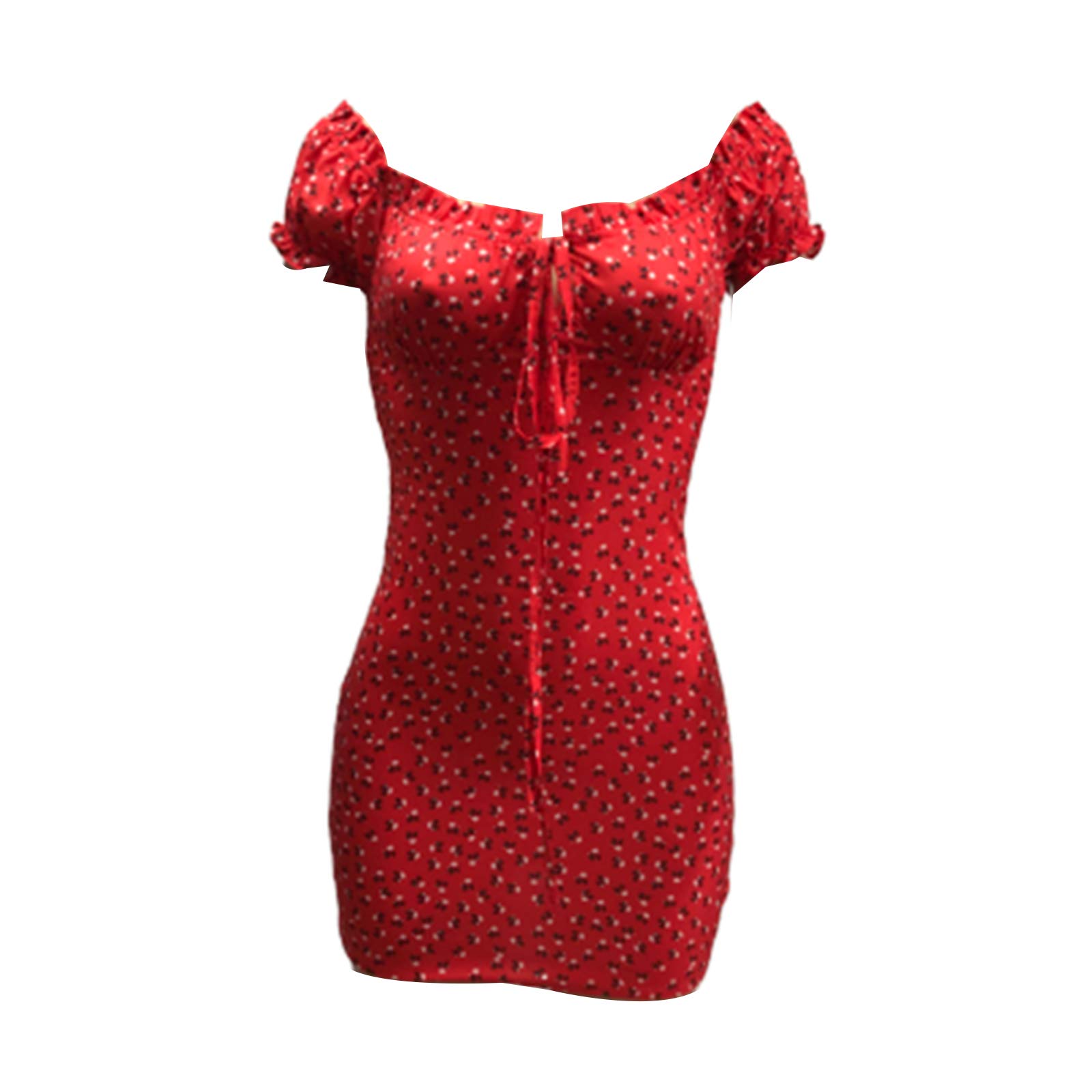 Sexy Floral Mini Dress for Women - Summer Short Sleeve Ruffle Bodycon Wrap Pencil Dress - Perfect for Party, Club, Date Night & Vacation (Red, Size M)