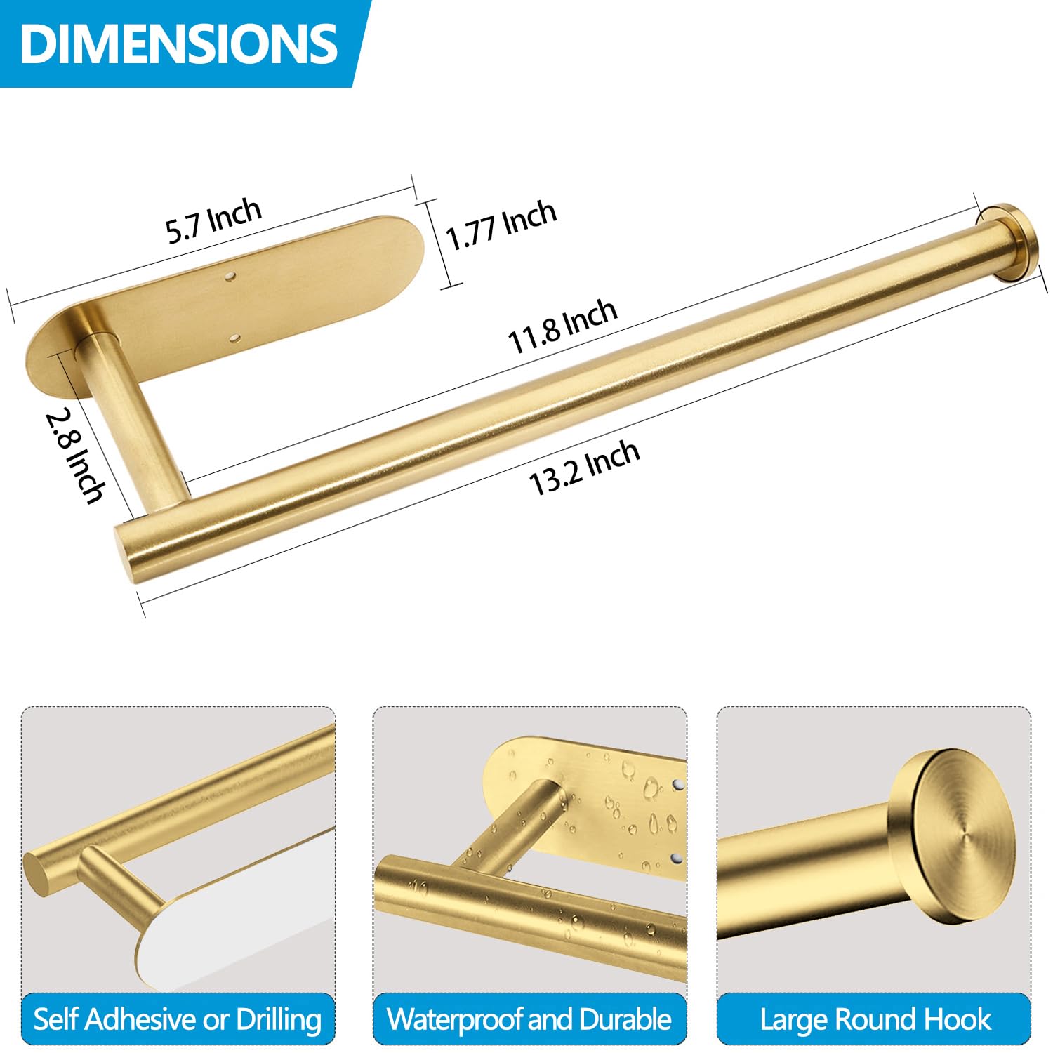 Under Cabinet Paper Towel Holder - Self Adhesive Stainless Steel Wall Mounted Kitchen Towel Rack (Gold Finish) - Perfect for Small Spaces, RVs & Compact Kitchens