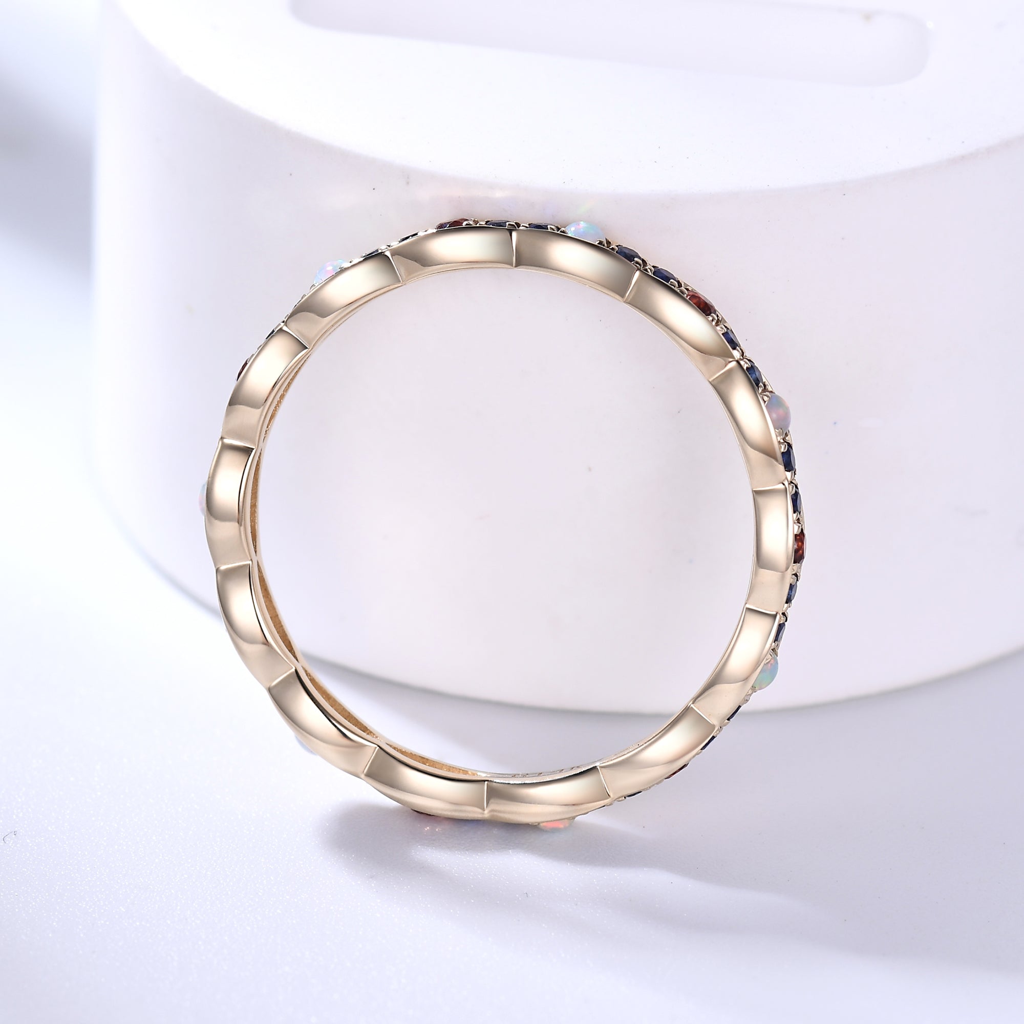 Opal Garnet Sapphire Yellow Gold Wedding Band - Multiple Gemstone Full Eternity Ring for Women - Perfect for Anniversary, Engagement & Bridal Jewelry Gifts