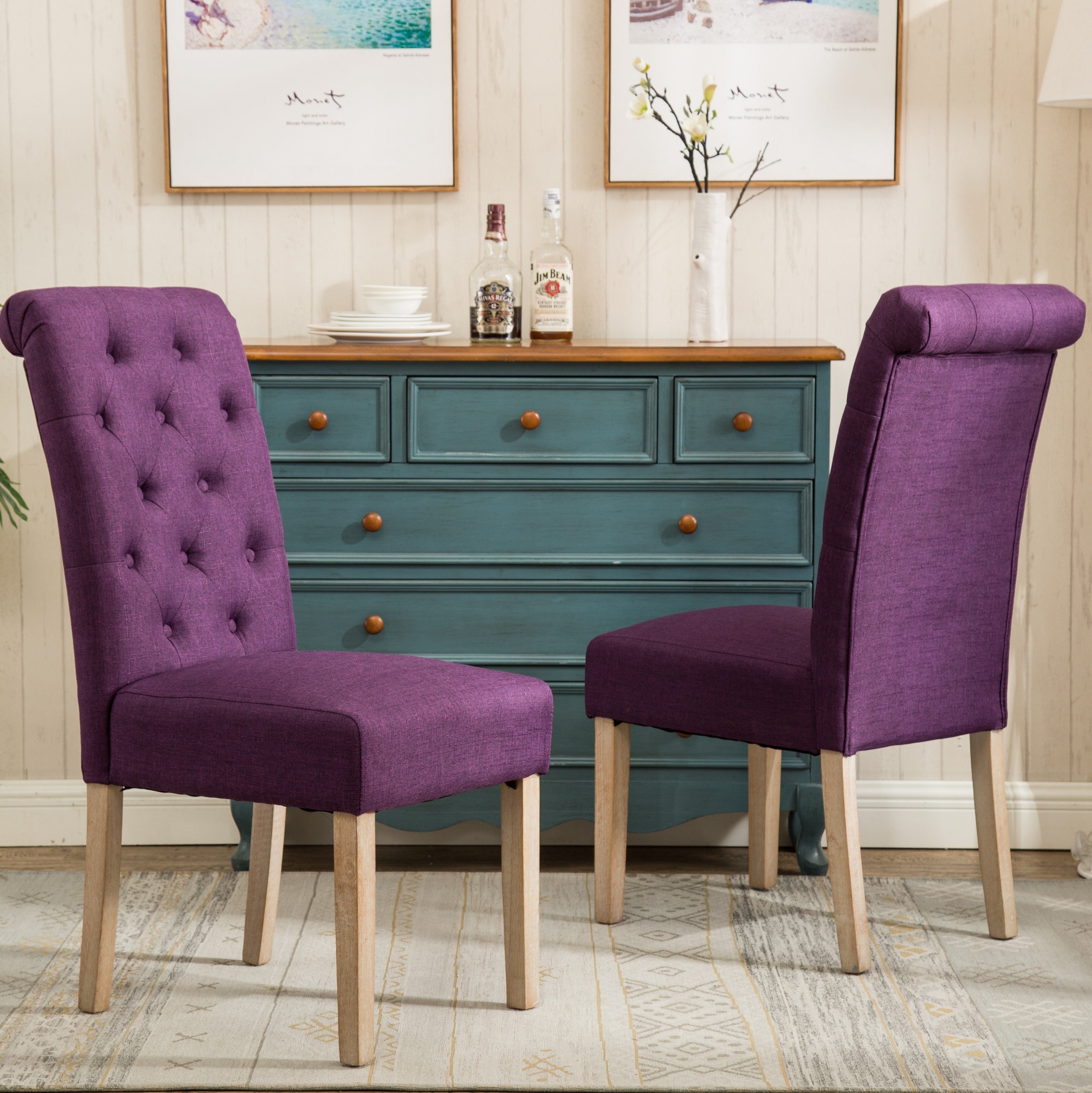 Roundhill Furniture Amonia 5-Piece Dining Set - Turned Leg Dining Table with 4 Tufted Upholstered Chairs for Kitchen, Dining Room, and Small Spaces