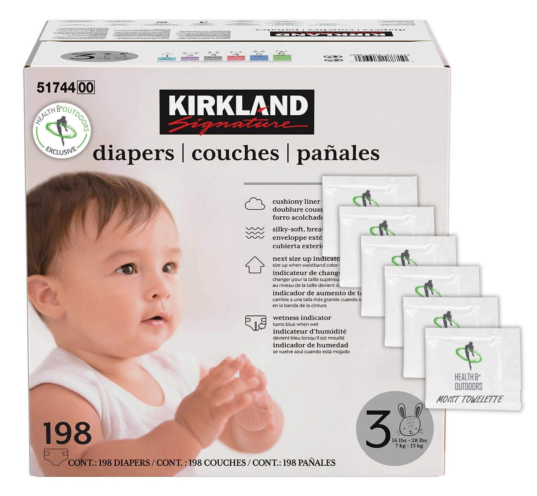 Kirkland Signature Size 3 Diapers for Babies 16-28 lbs | 198 Count Pack with Free Health & Outdoors Baby Wipes | Premium Absorbent Overnight & Daytime Protection for Active Toddlers