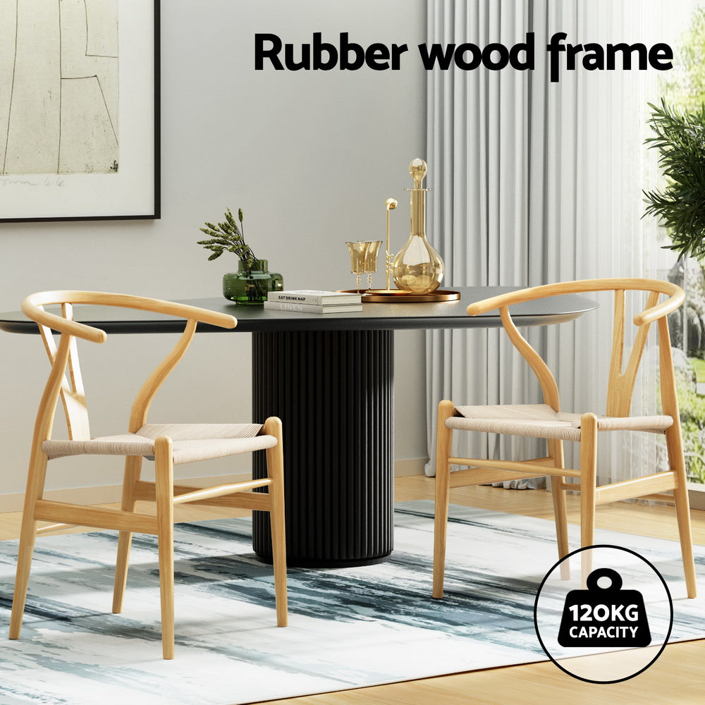 2 Pack Artiss Dining Chairs - Wooden Frame with Rattan Seat & Wishbone Back - Modern Kitchen & Dining Room Furniture for Home Decor