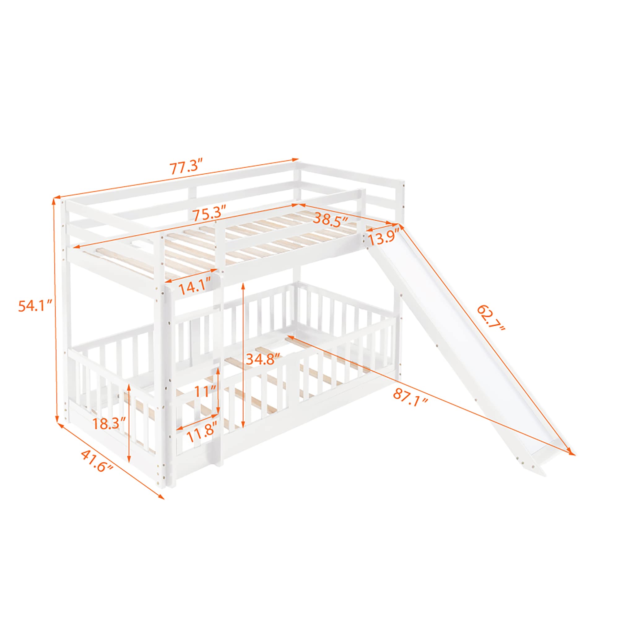 SOFTSEA Twin Over Twin Low Bunk Bed with Slide - Kids Wooden Bunk Bed with Safety Fence, Floor Bottom Bed & Wood Slats | Perfect for Small Rooms, Shared Kids Bedrooms & Play Areas