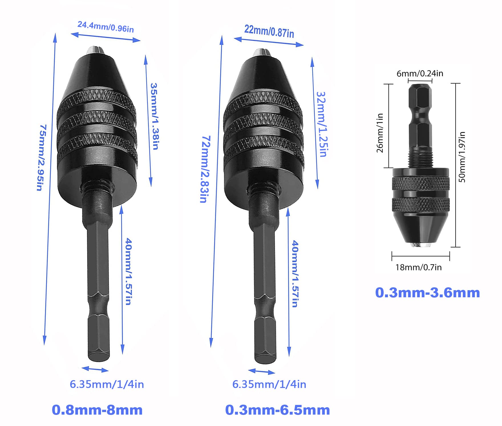 3-Piece Keyless Drill Chuck Set with 1/4